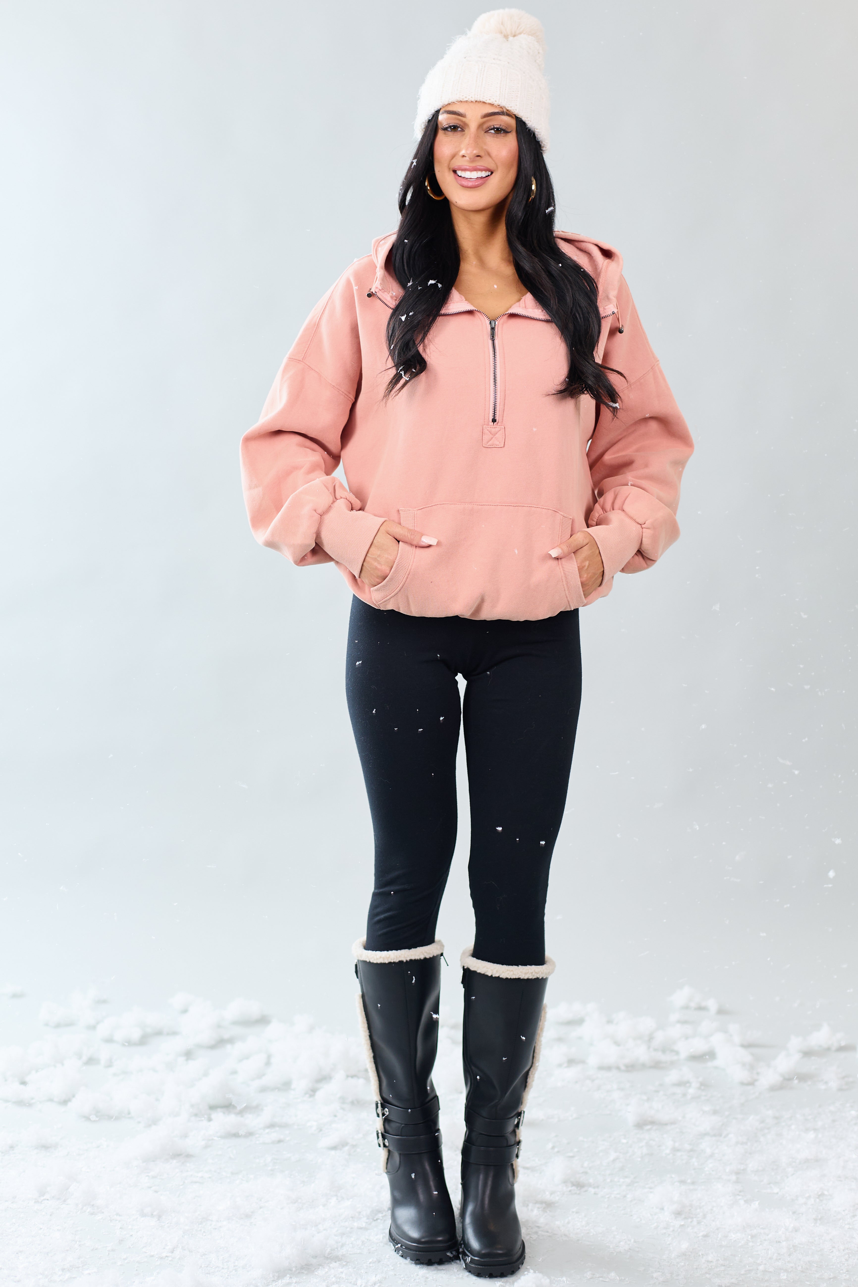 Ginger Half Zip Fleece Bungee Cord Hoodie | Lime Lush Boutique