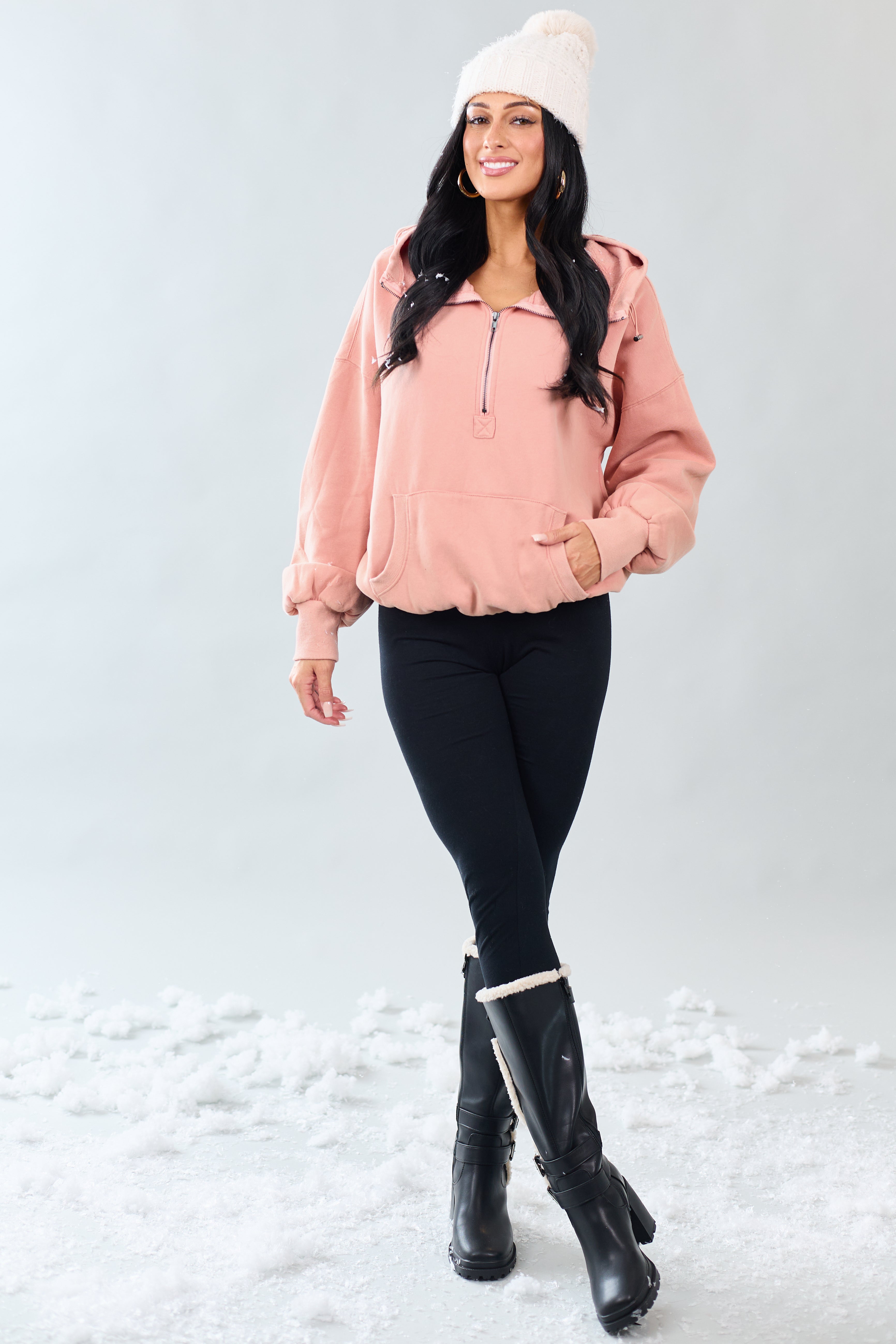 Ginger Half Zip Fleece Bungee Cord Hoodie | Lime Lush Boutique