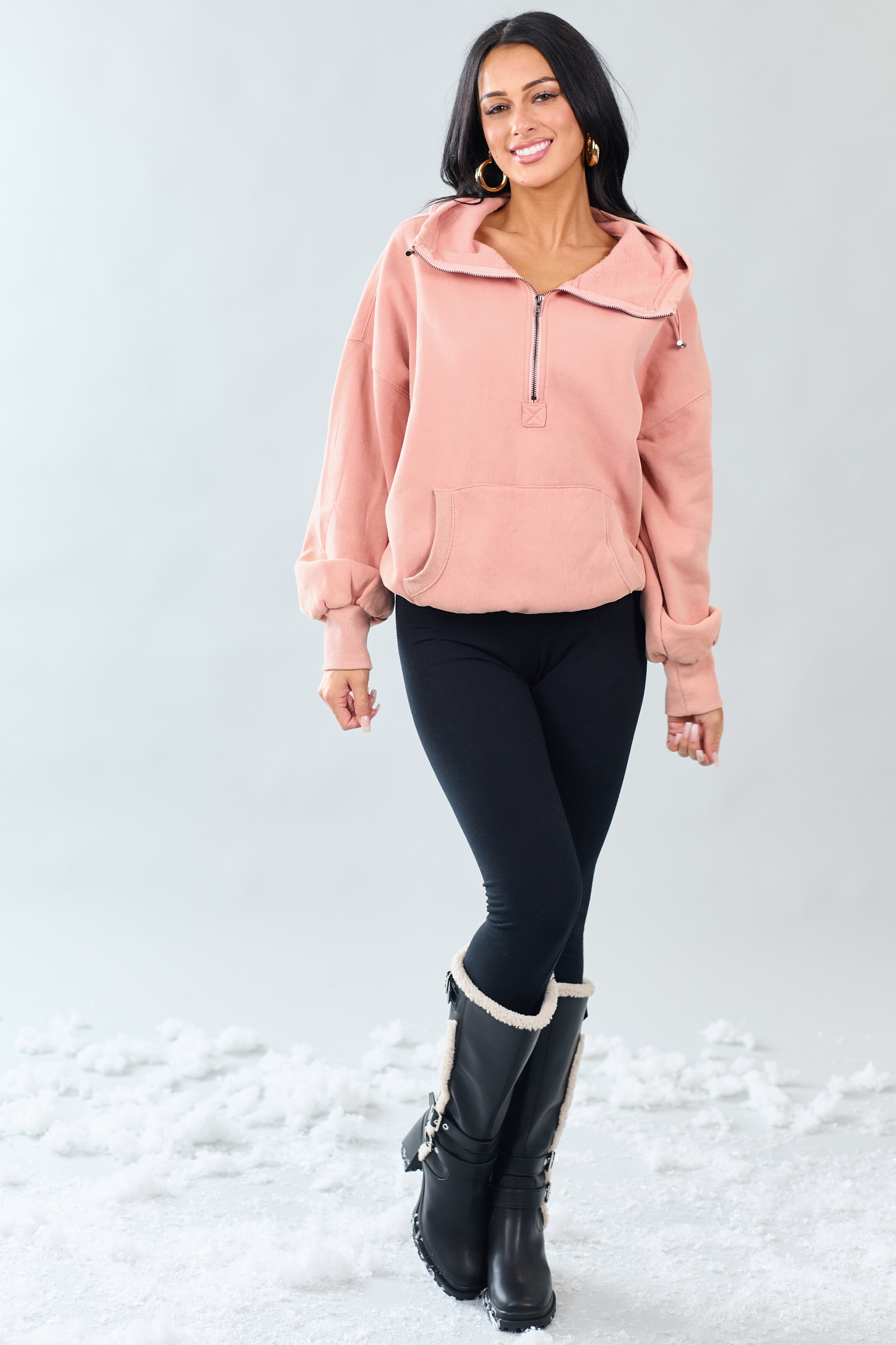 Ginger Half Zip Fleece Bungee Cord Hoodie