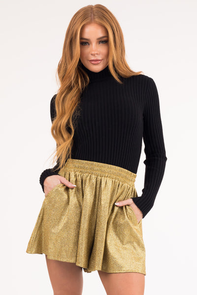 Gold Glitter Elastic Waist Lurex Shorts with Pockets