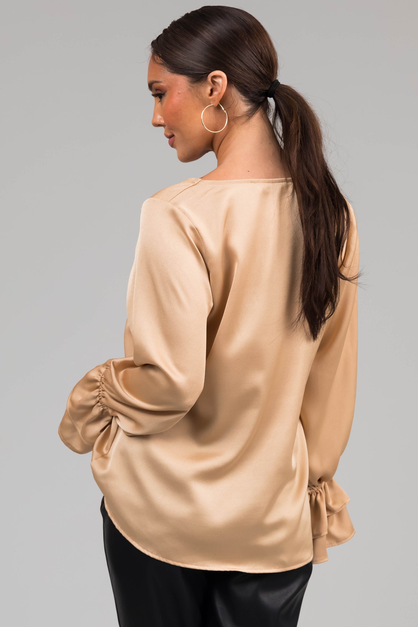 Gold V Neck Ruffle Cuff Satin Blouse