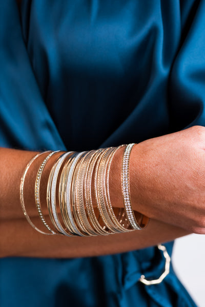 Gold 18 Piece Rhinestone Detail Bracelet Set