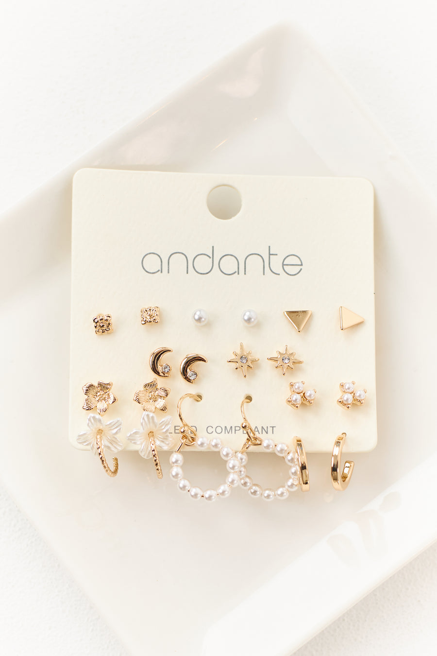 Gold Assorted Pearl 10 Pair Earrings Set