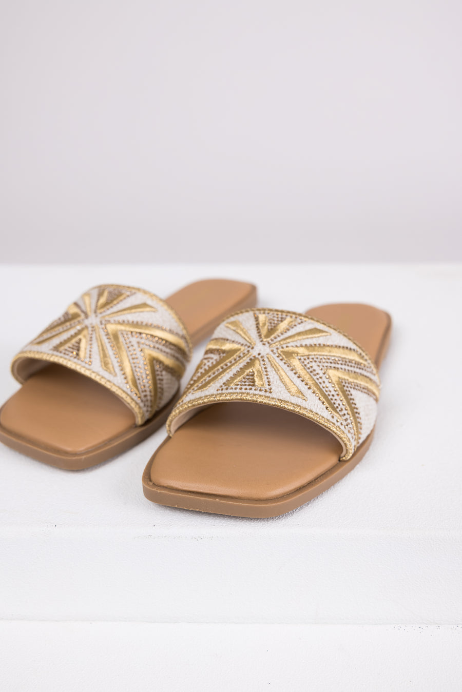 Gold Aztec Band Square Toe Slide Sandals