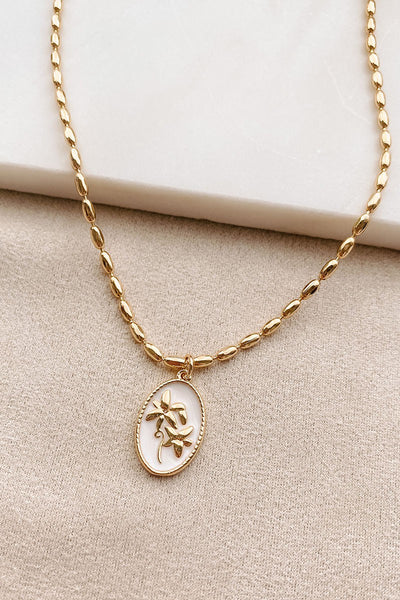 Gold Beaded Chain Flower Pendant Necklace