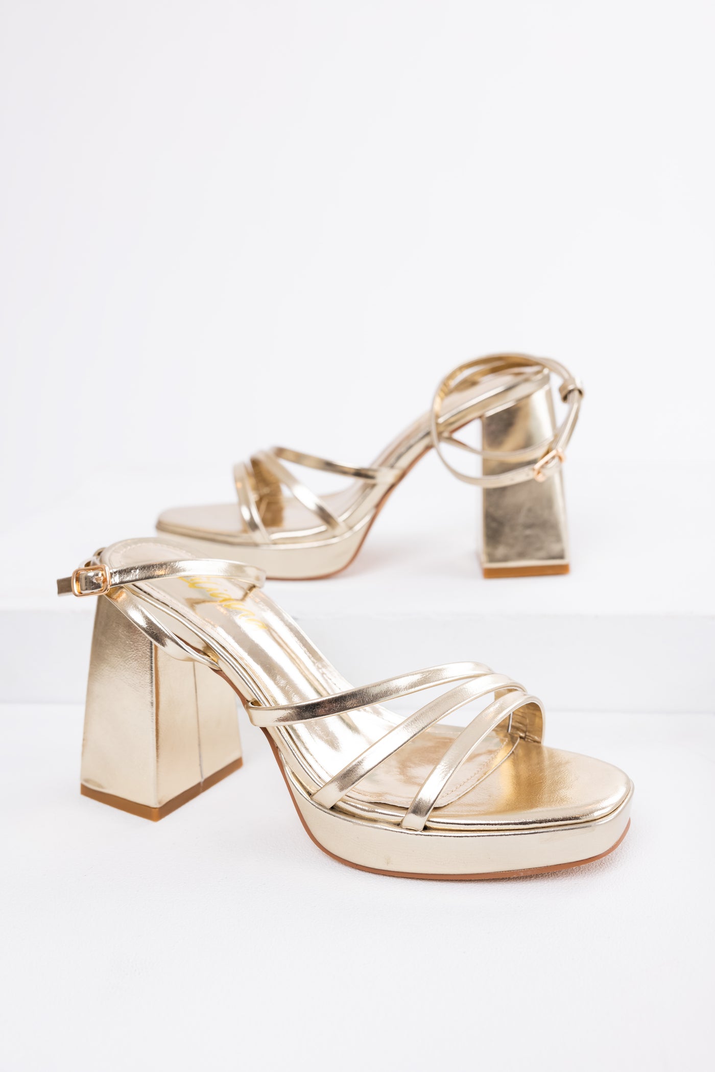 Gold Block Heel Strappy Dress Sandals