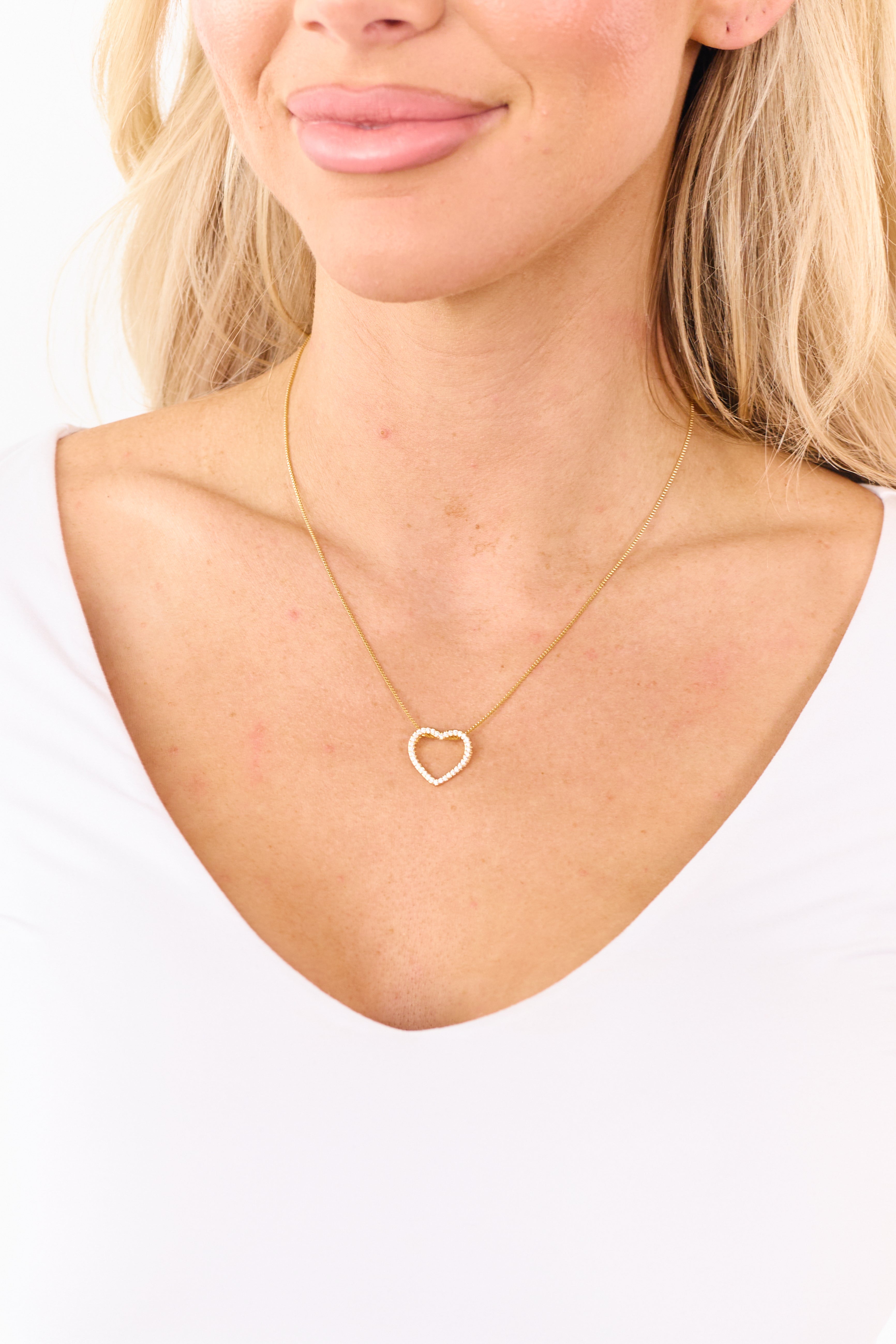 Gold Box Chain Rhinestone Heart Pendant Necklace