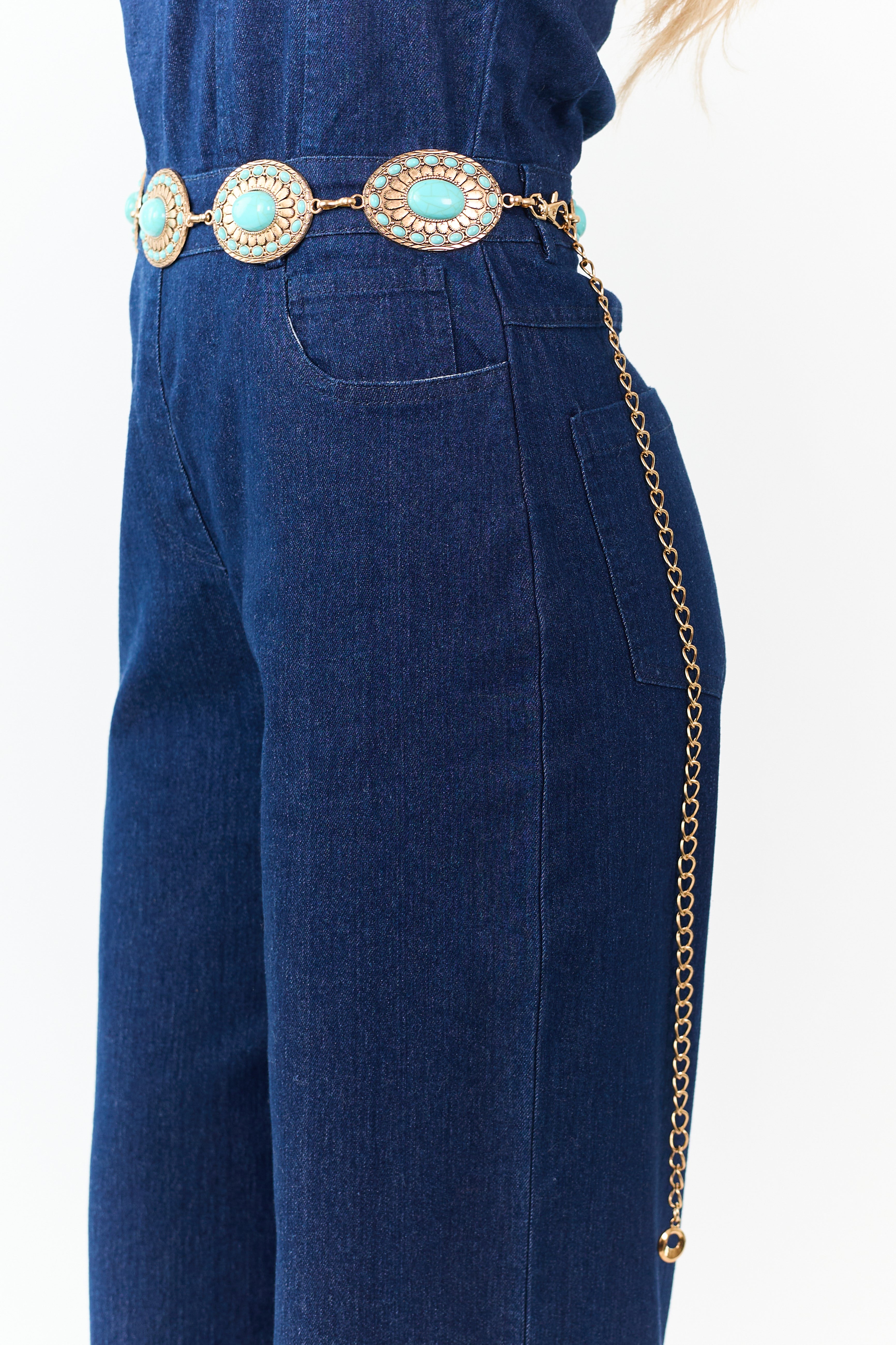 Gold Concho Disc Turquoise Stud Chain Belt