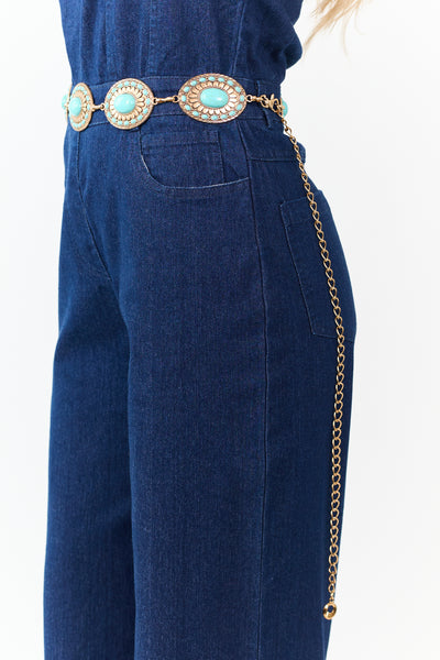 Gold Concho Disc Turquoise Stud Chain Belt