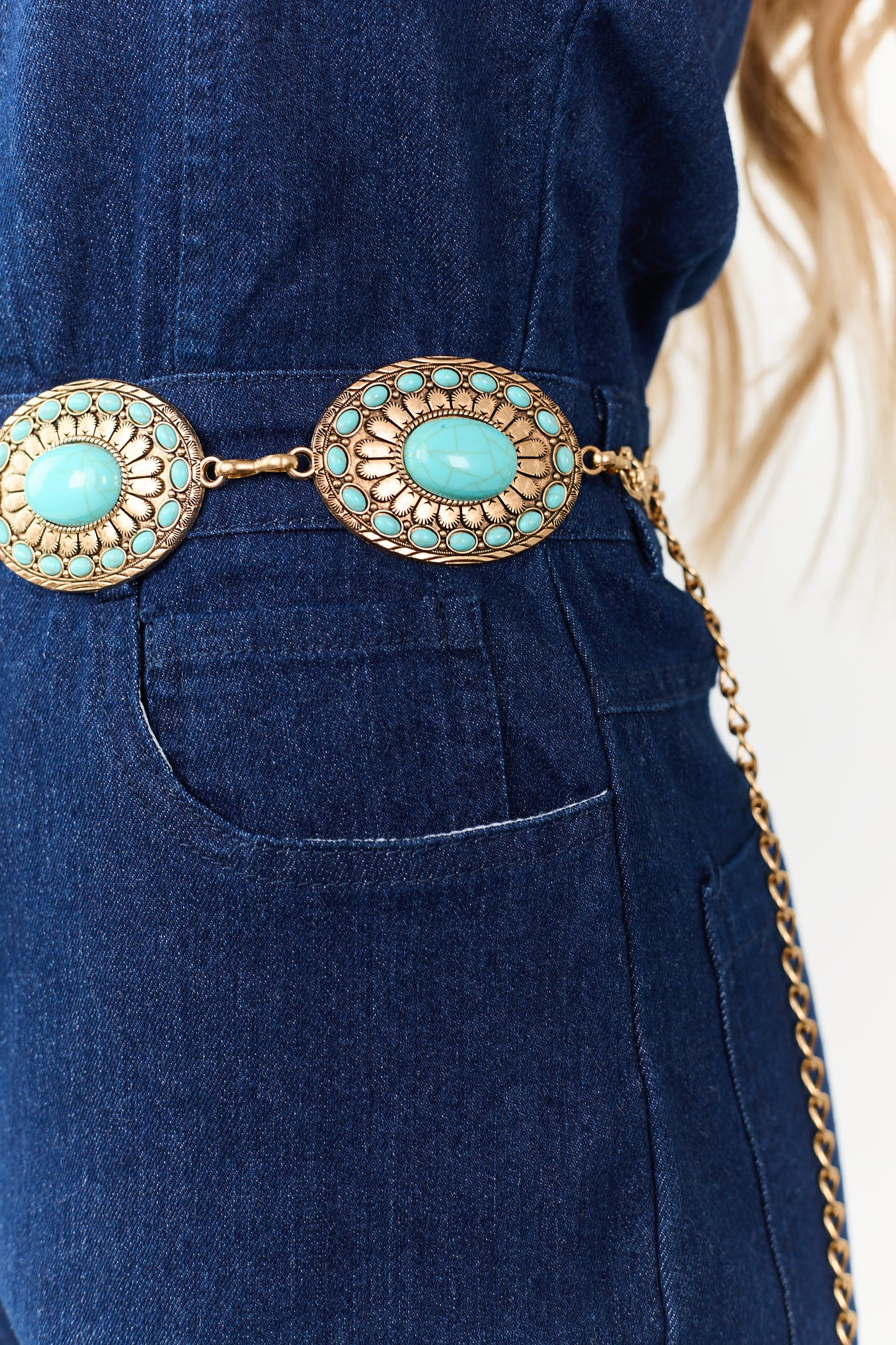 Gold Concho Disc Turquoise Stud Chain Belt