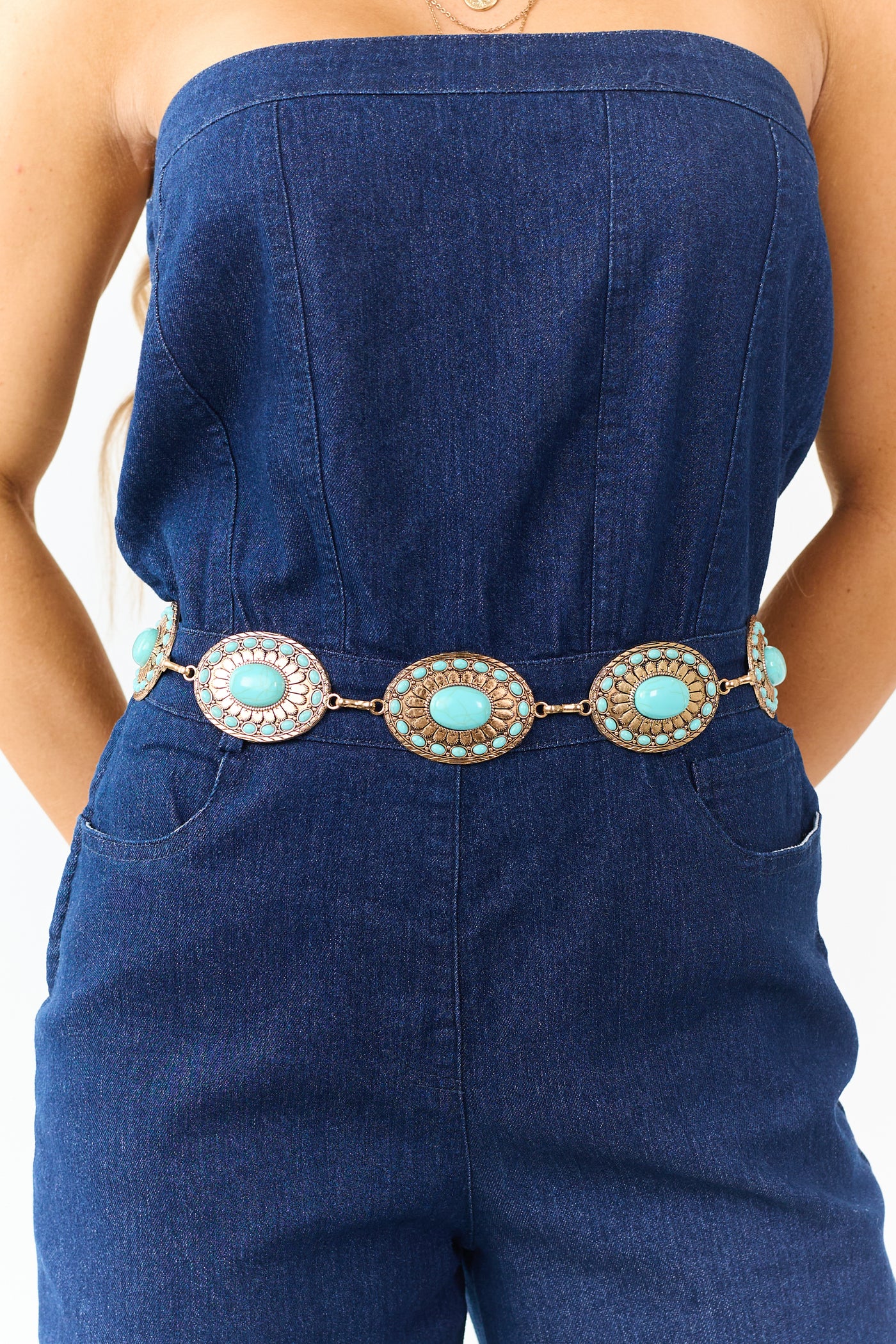 Gold Concho Disc Turquoise Stud Chain Belt