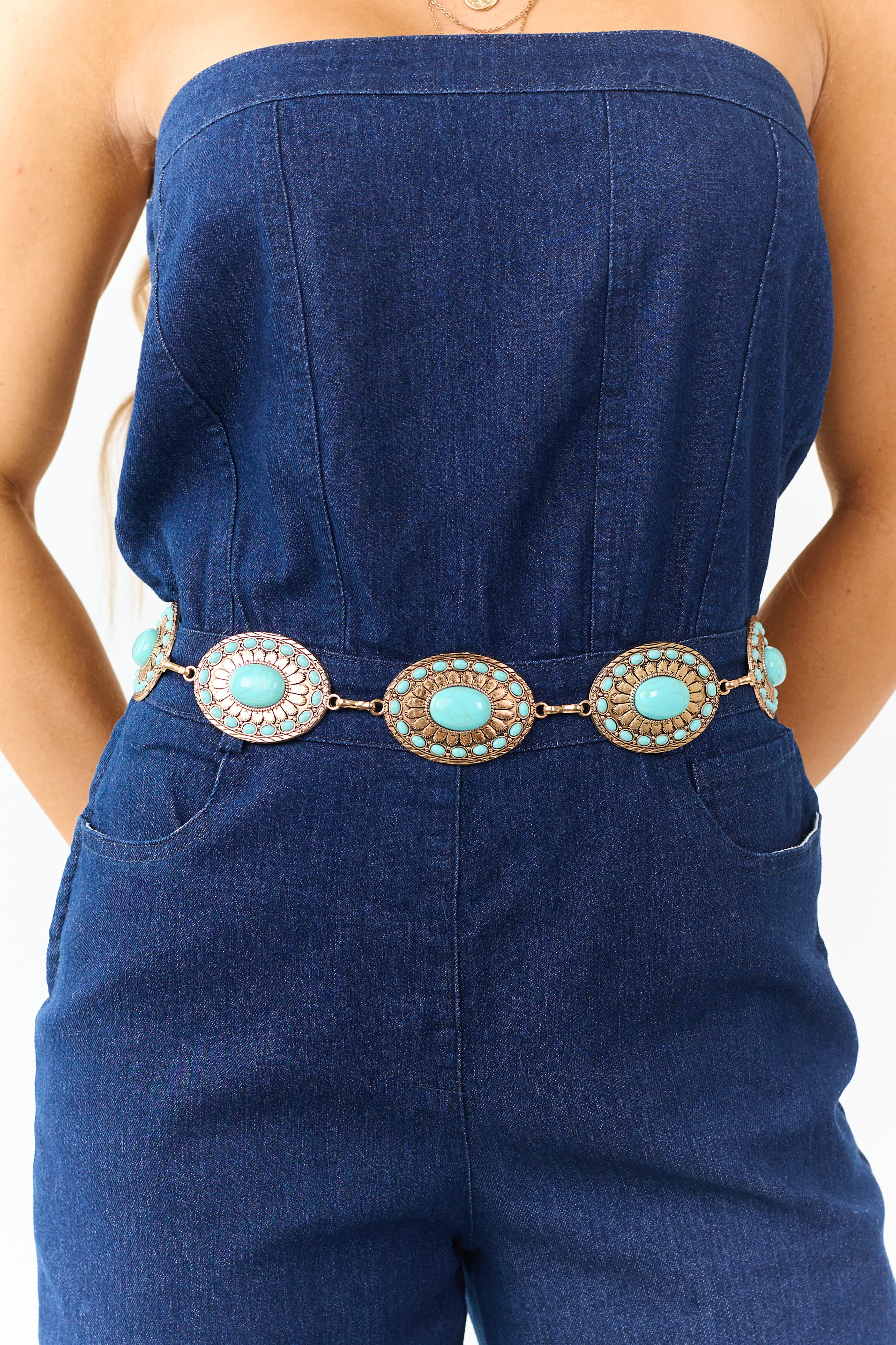 Gold Concho Disc Turquoise Stud Chain Belt