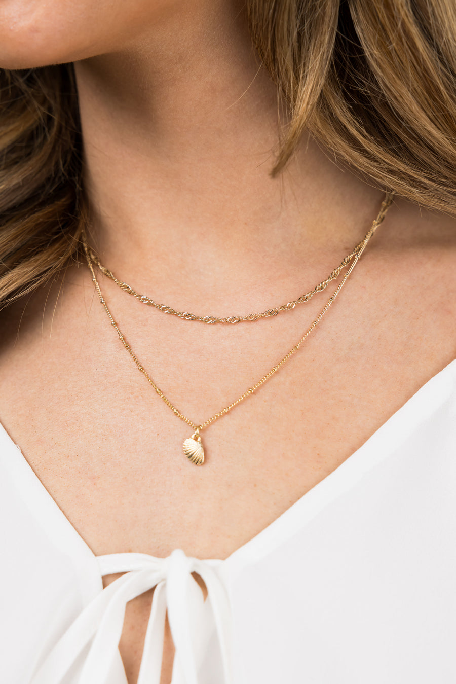 Gold Dainty Layered Chain Shell Charm Necklace