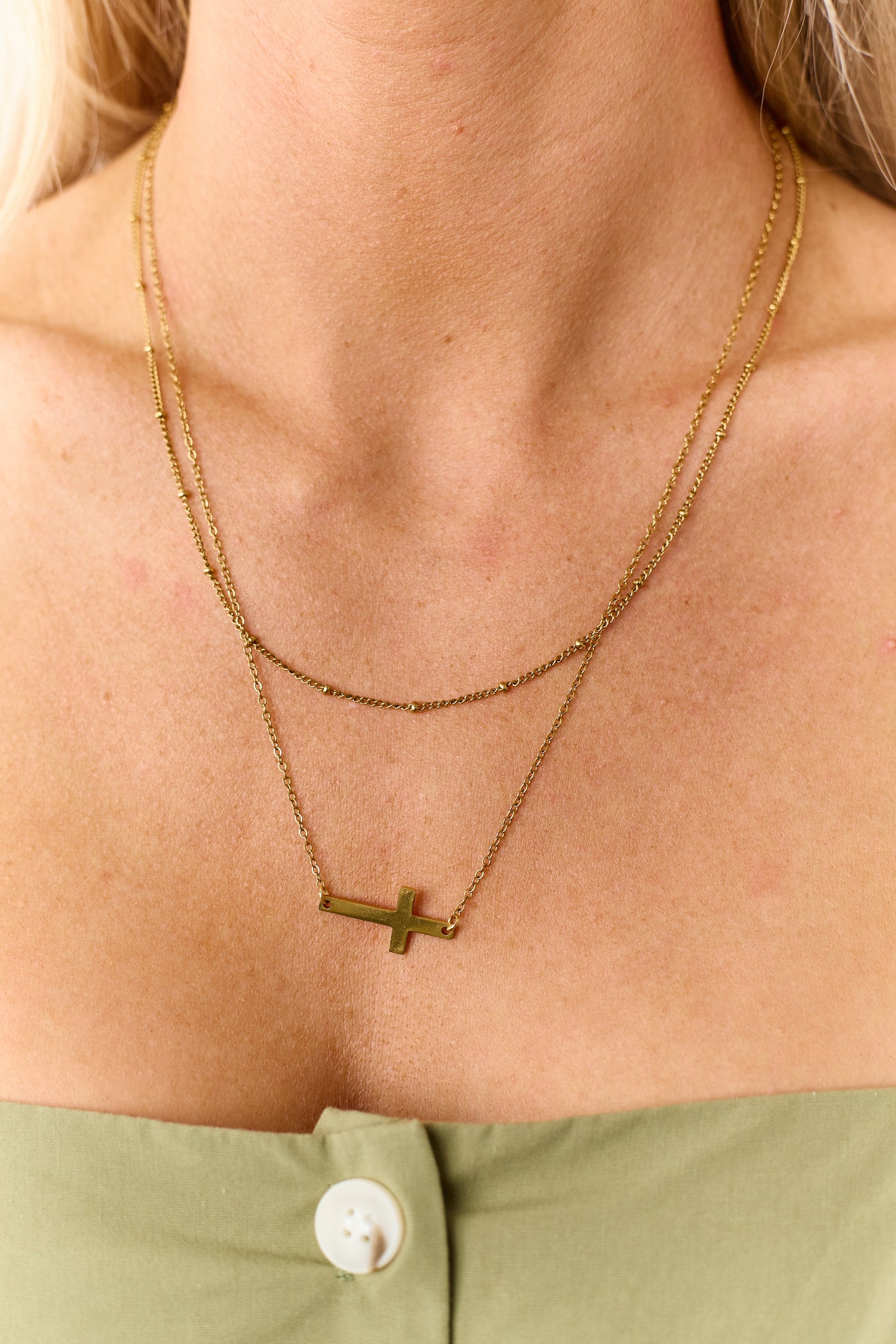 Gold Double Chain Cross Pendant Necklace