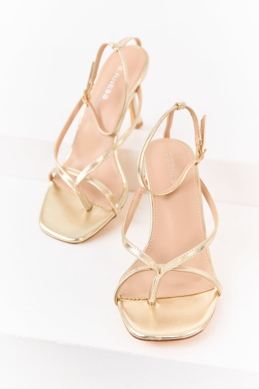 Gold Faux Leather Ankle Strap Stiletto Heels