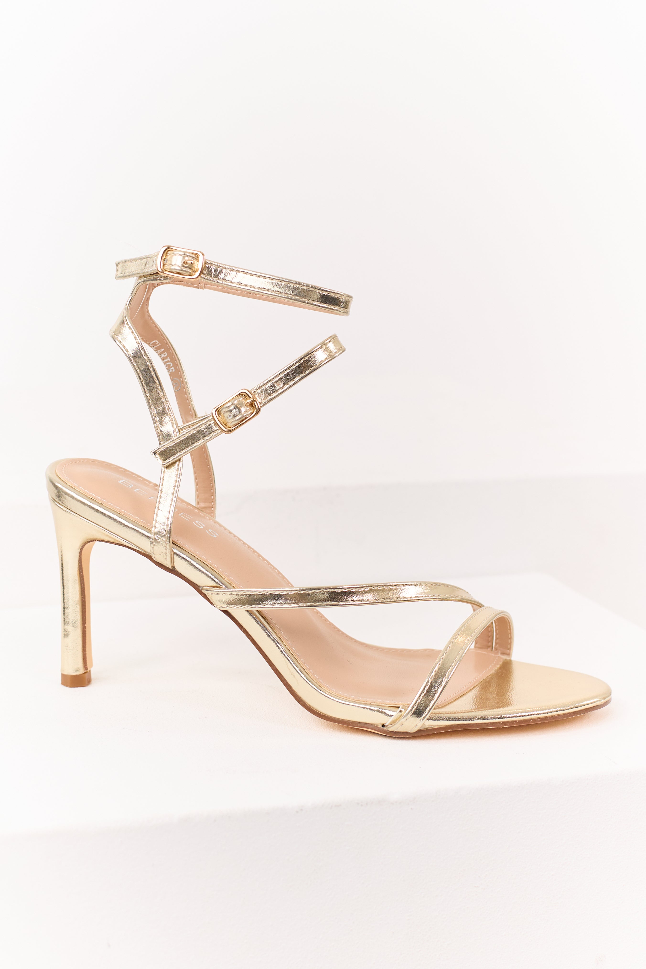 Gold Faux Leather Double Ankle Strap Heels