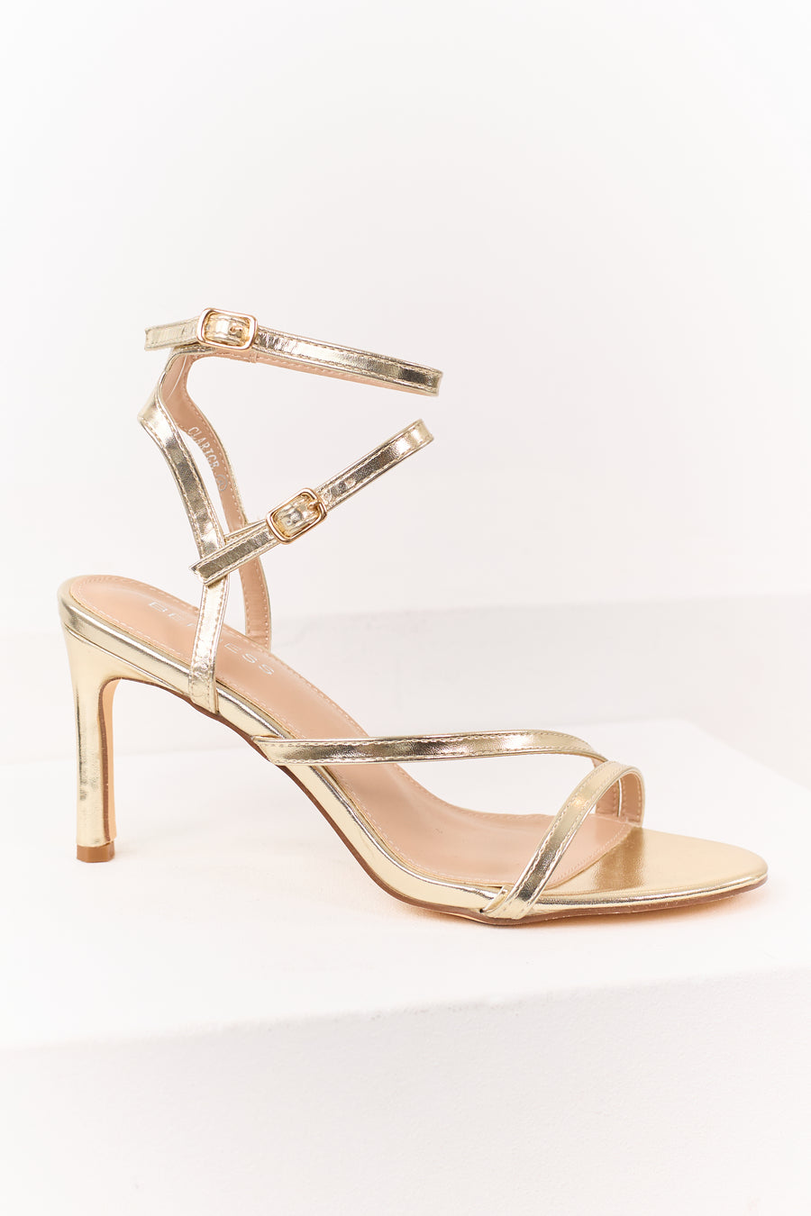 Gold Faux Leather Double Ankle Strap Heels