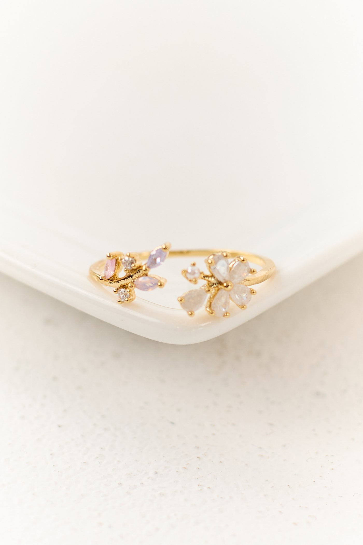 Gold Floral Rhinestone Open Ring