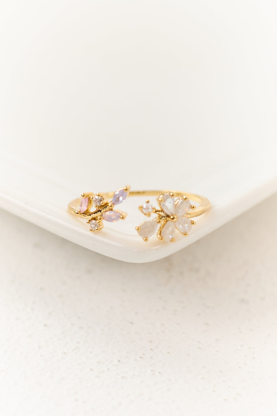 Gold Floral Rhinestone Open Ring