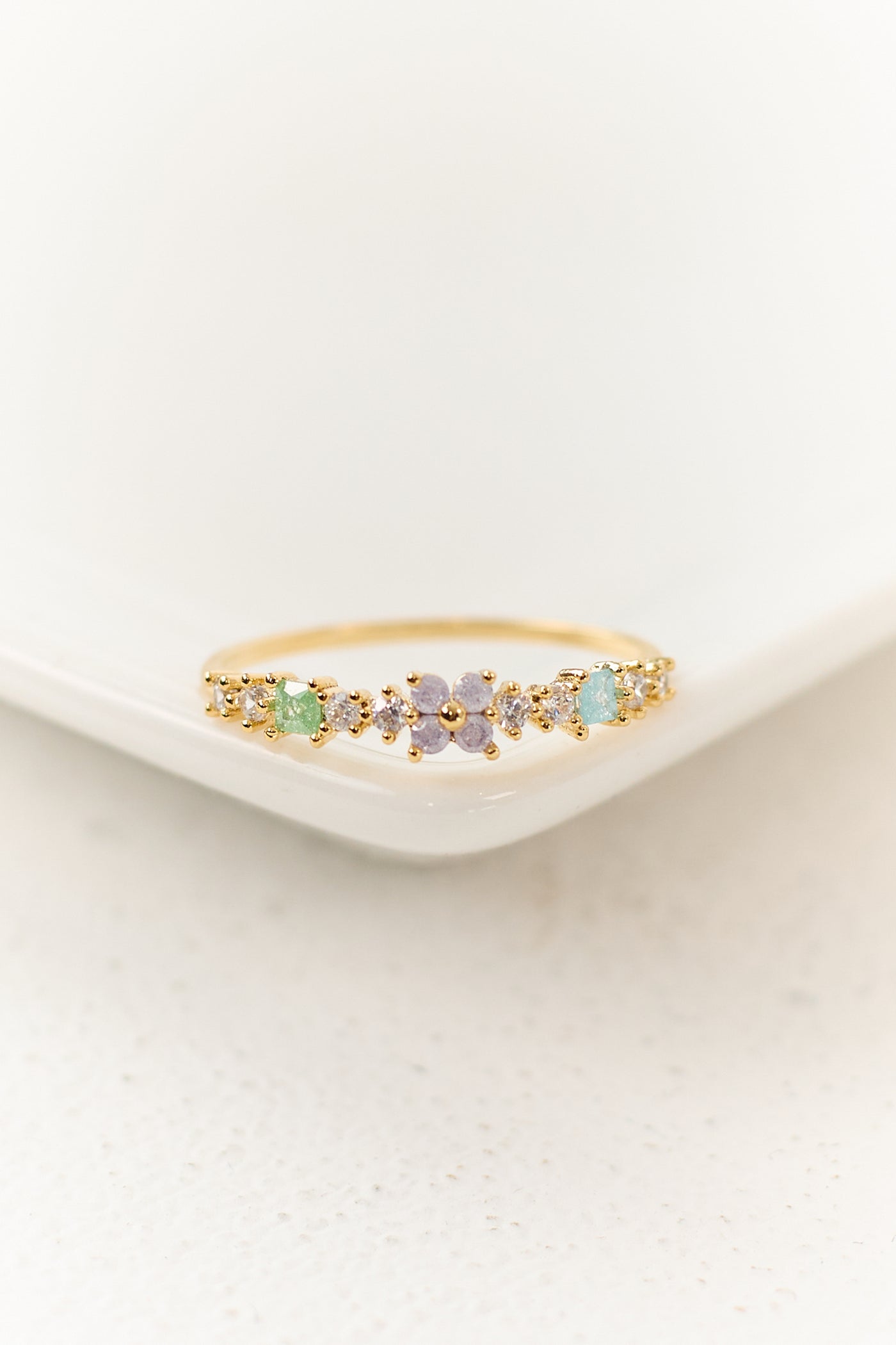 Gold Floral Rhinestone Studded Ring