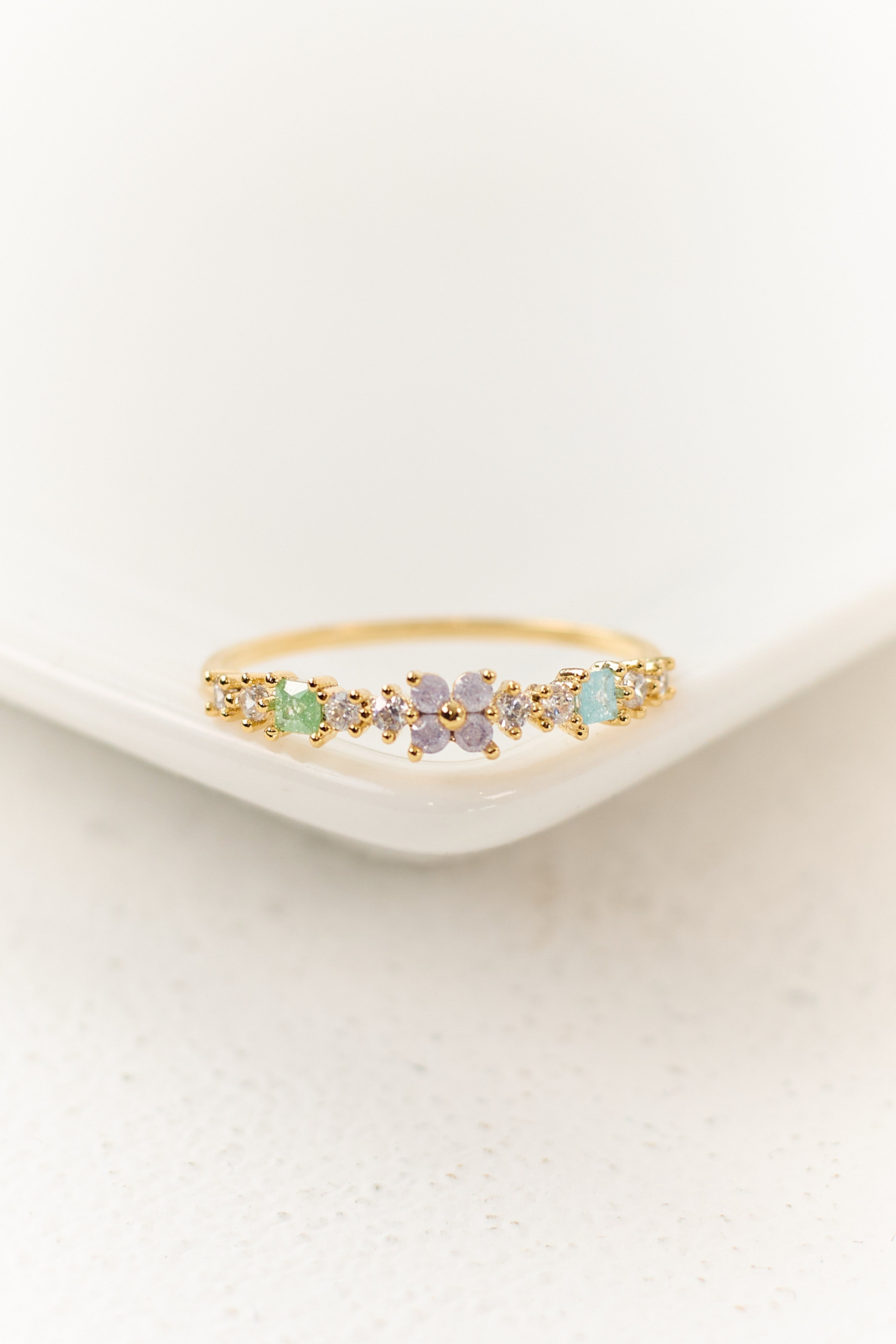 Gold Floral Rhinestone Studded Ring