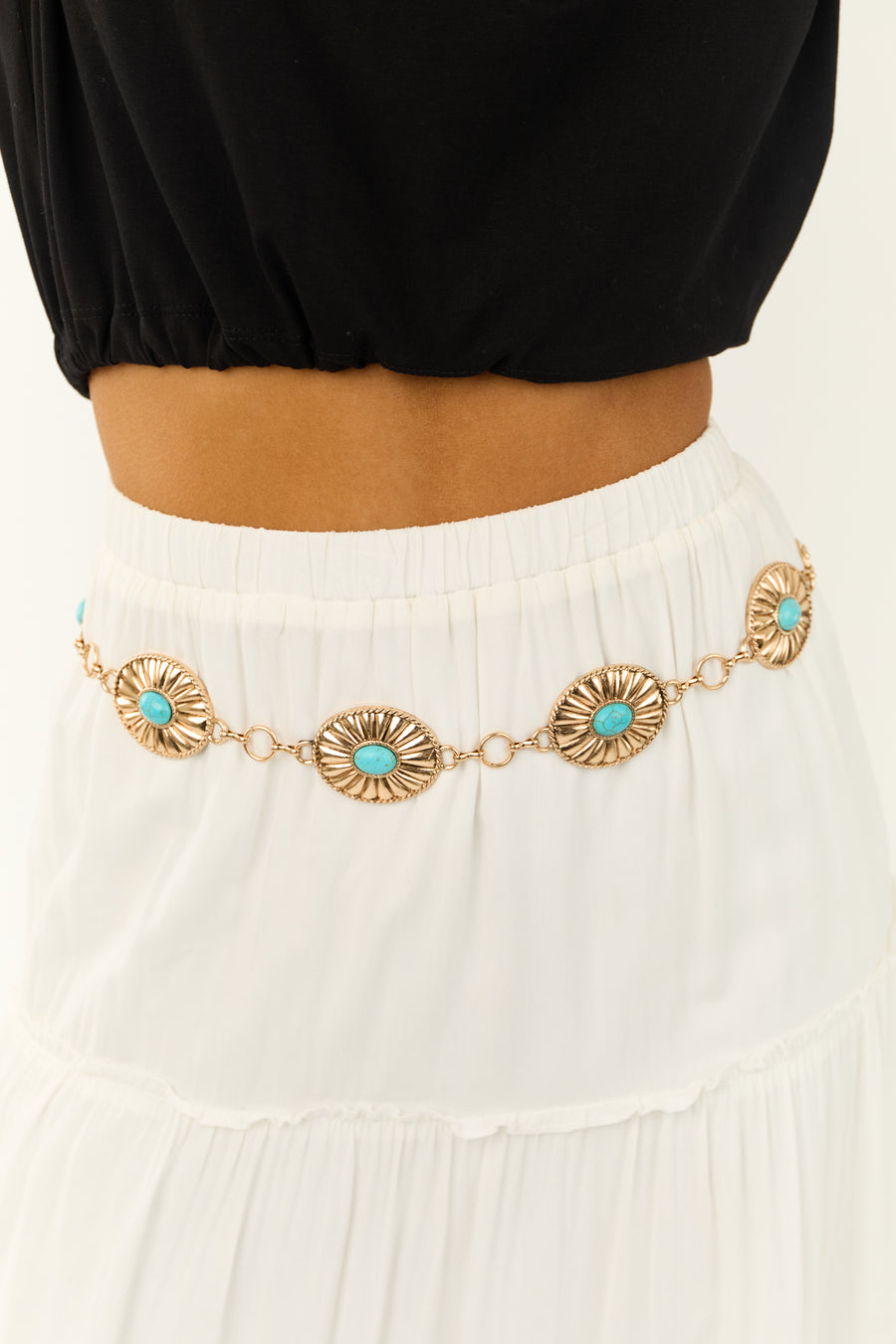 Gold Flower with Turquoise Inlay Western Chain Belt