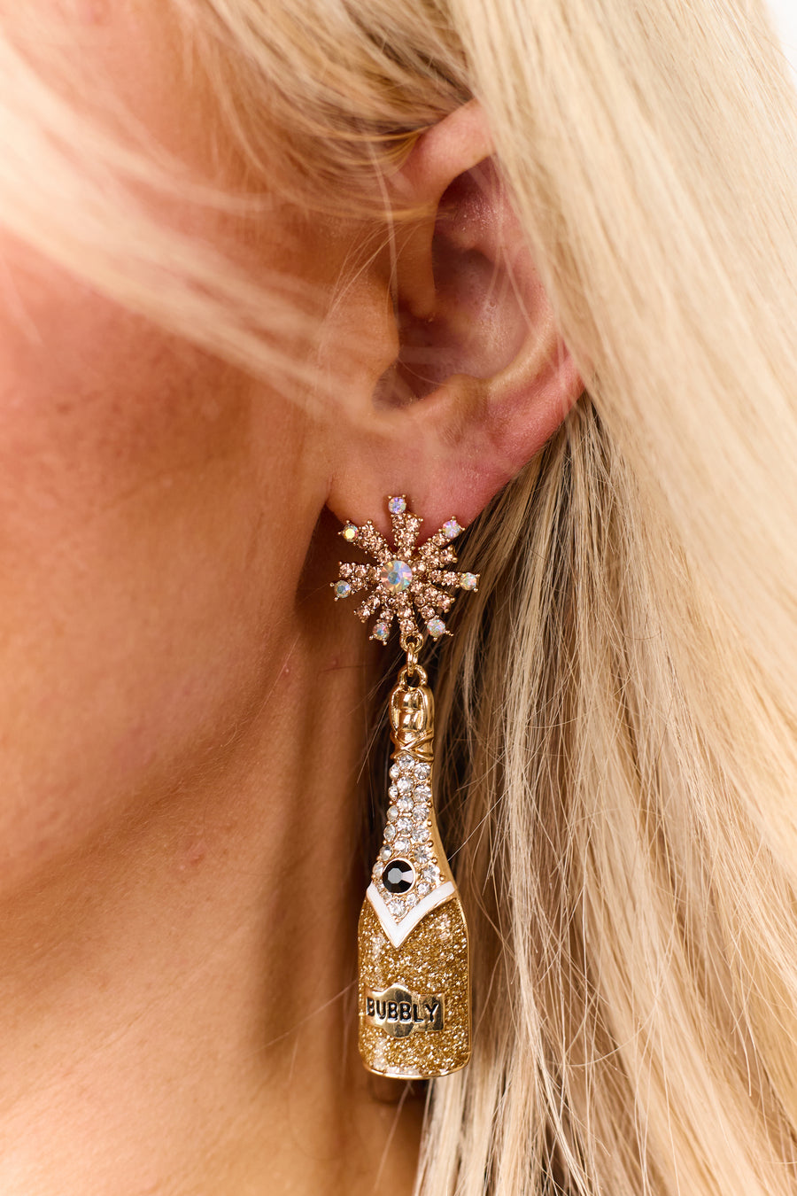 Gold Glitter Bubbly Champagne Bottle Dangle Earrings