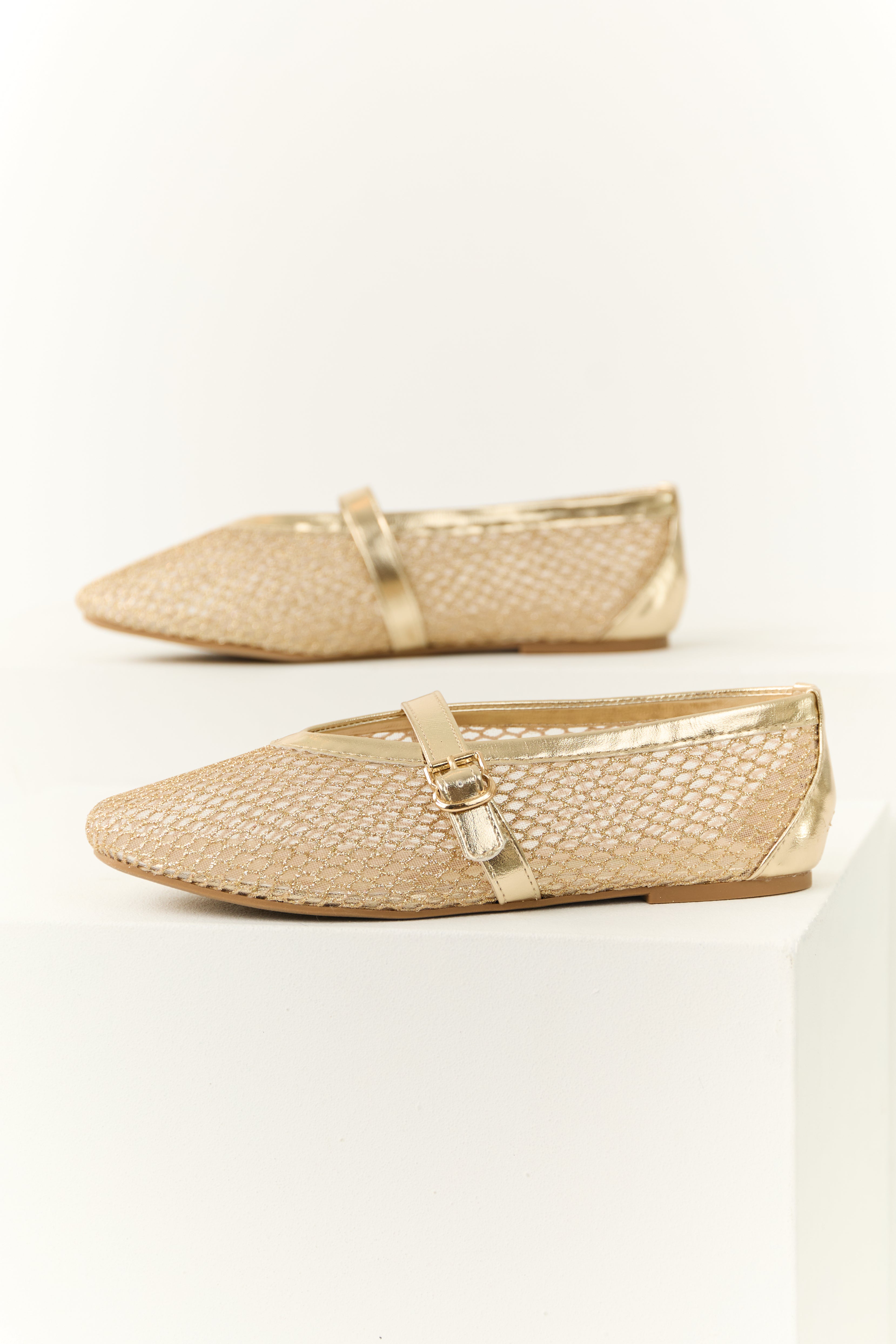 フラットシューズ GOLD FLATS GoldGlitterGeometricMeshRounde