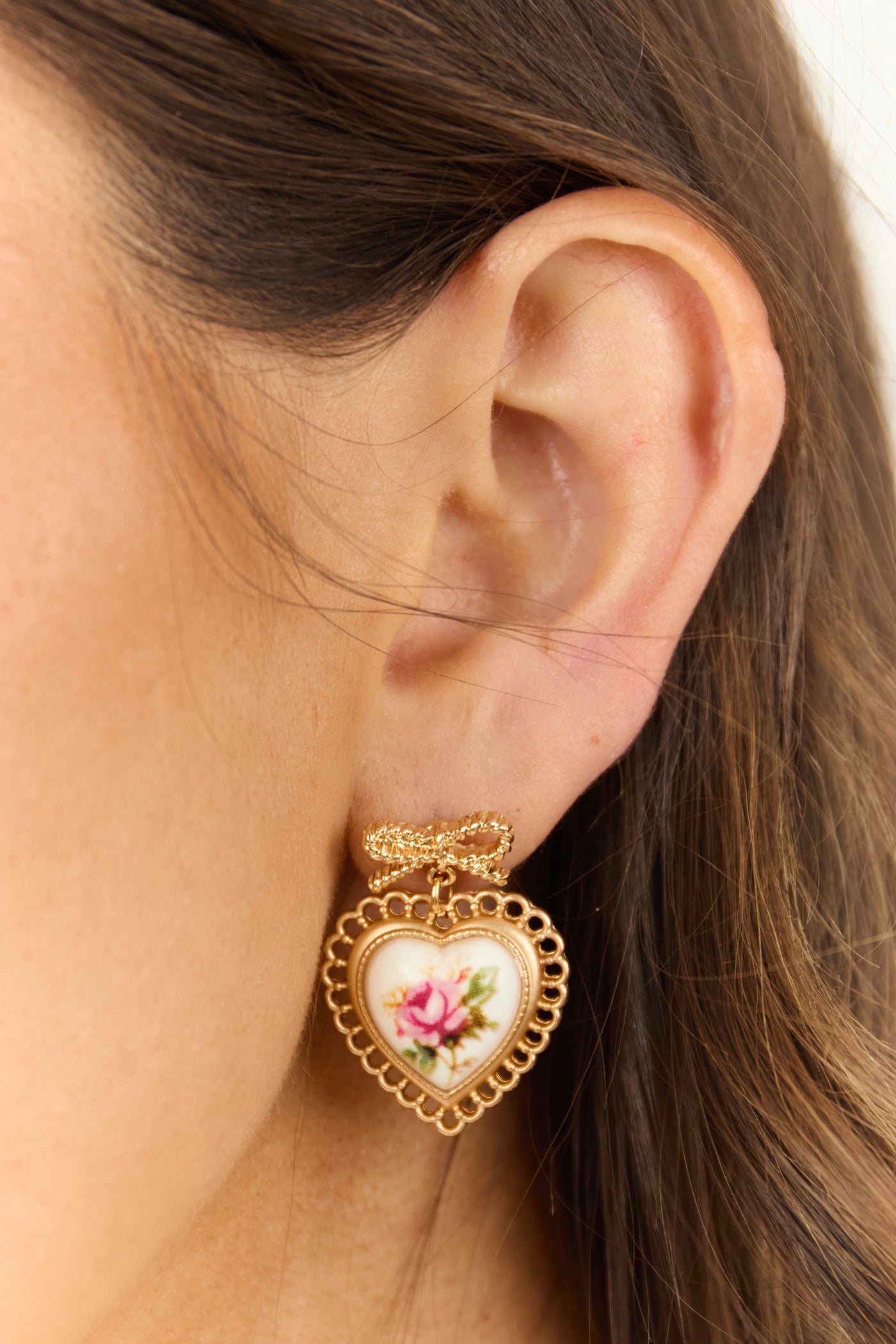 Gold Heart Ceramic Rose Drop Earrings