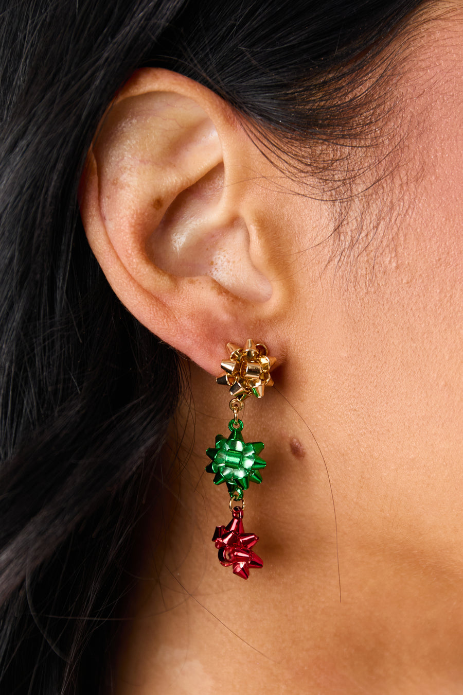 Gold Holiday Gift Bow Dangle Earrings