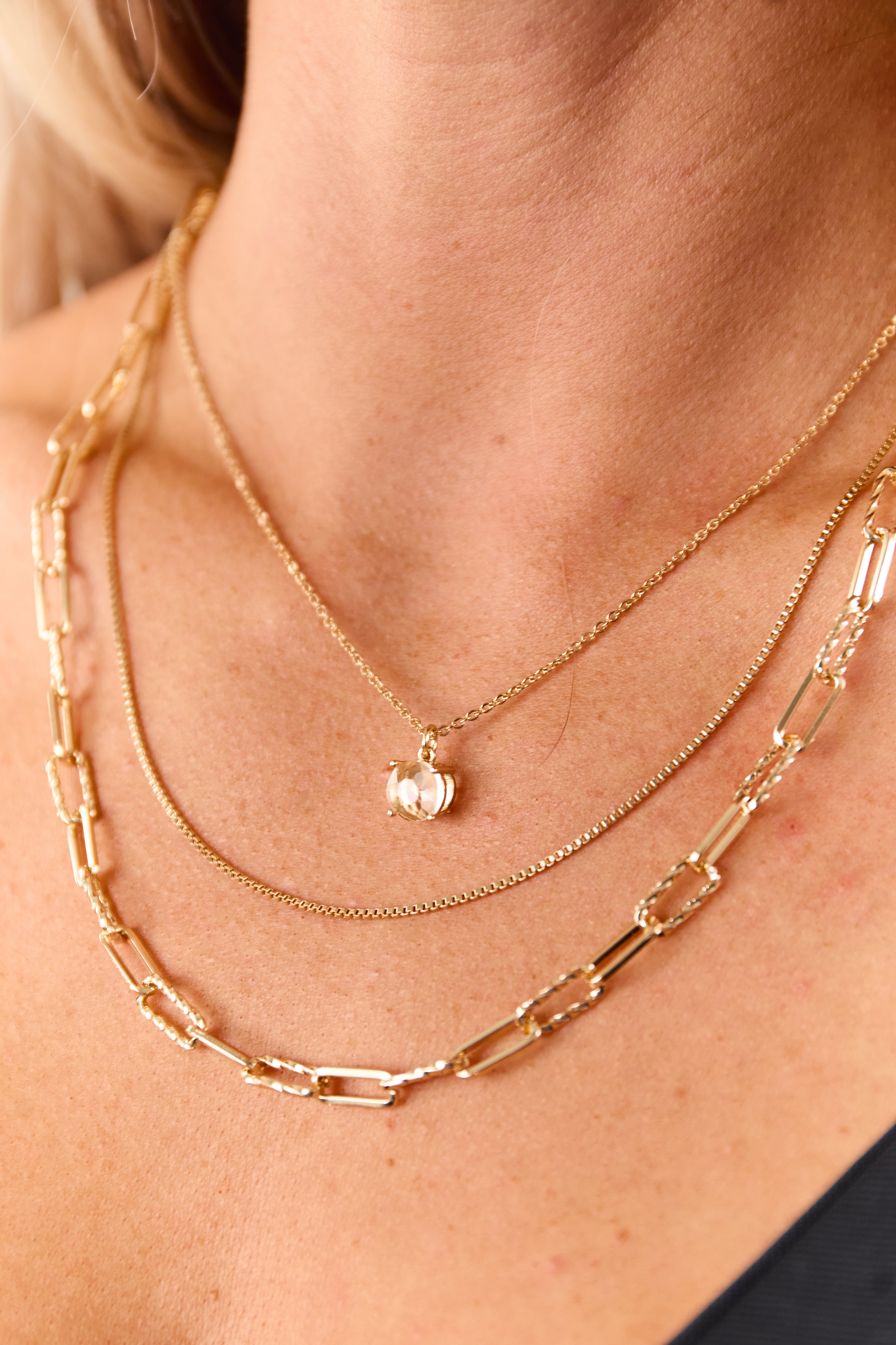Gold Layered Rhinestone Necklace and Earrings Set