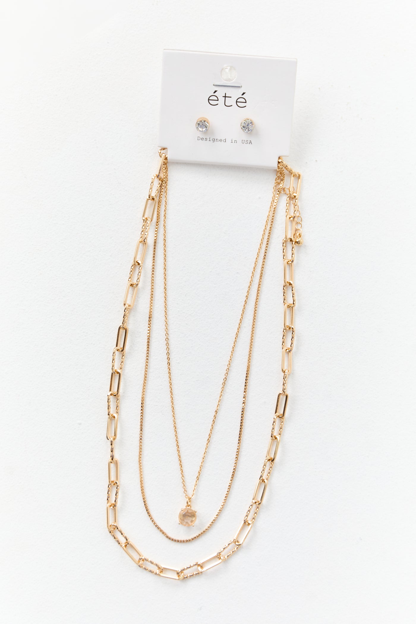 Gold Layered Rhinestone Necklace and Earrings Set