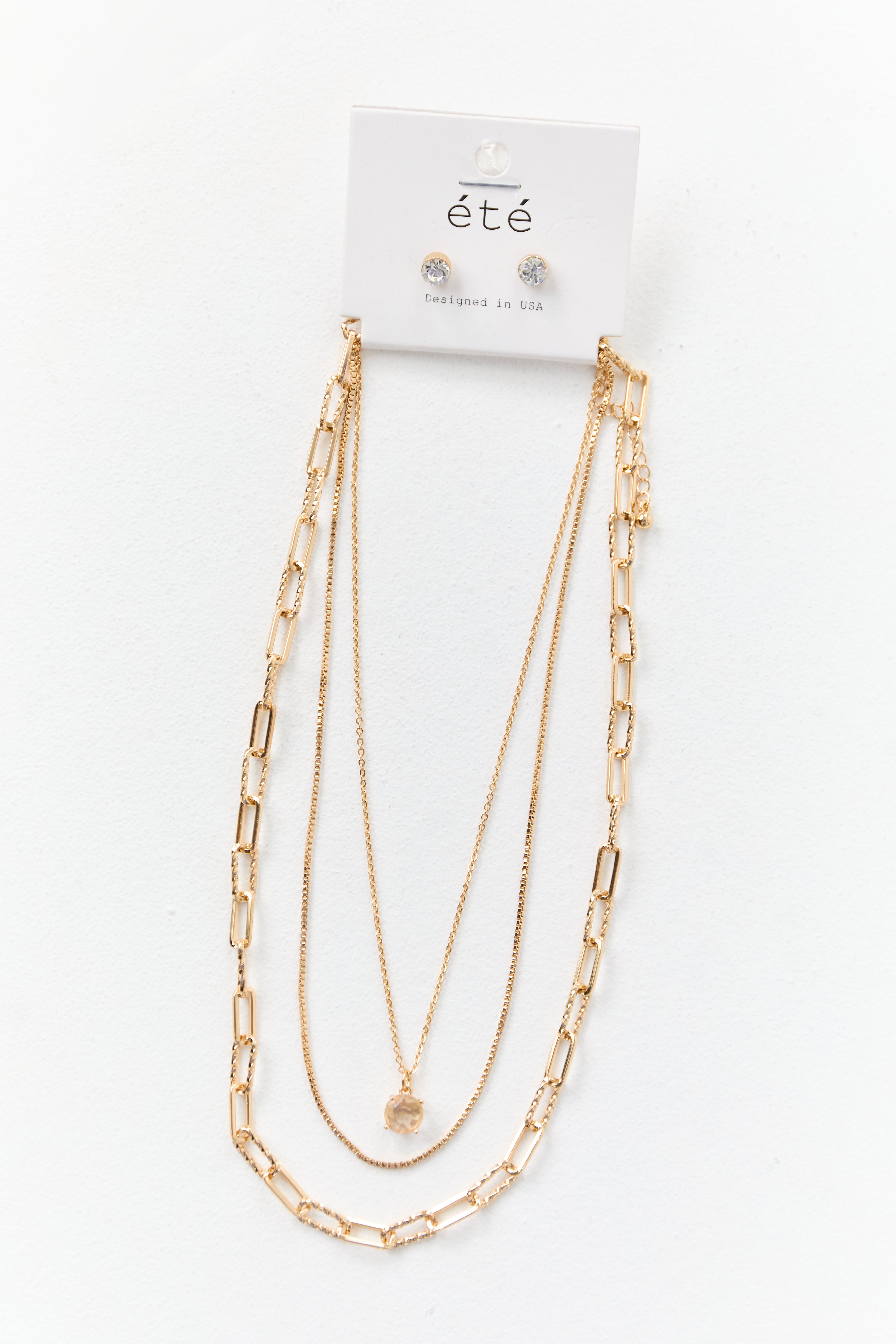 Gold Layered Rhinestone Necklace and Earrings Set