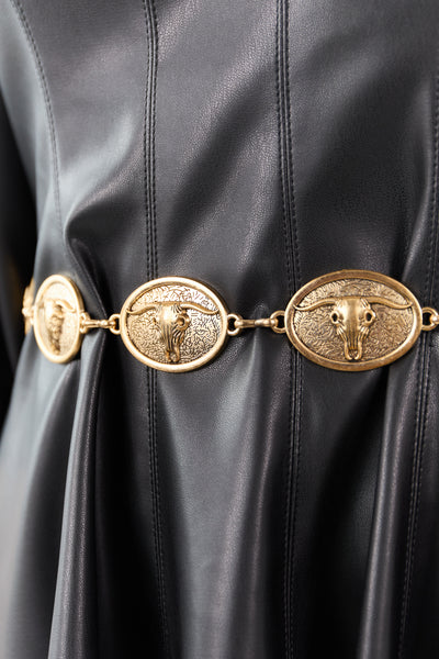Gold Longhorn Skull Concho Disc Chain Belt