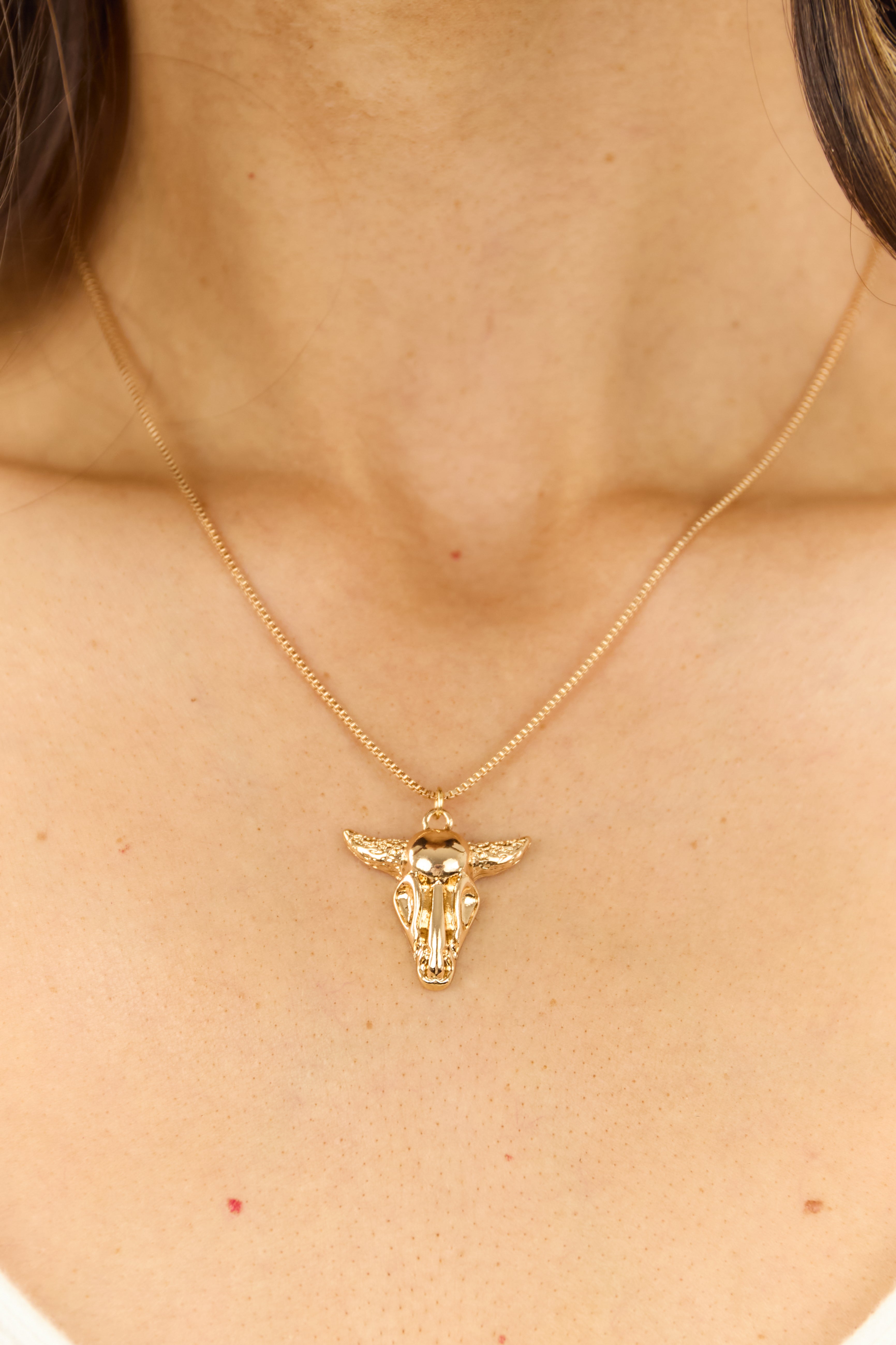 Gold Metallic Bull Head Pendant Necklace