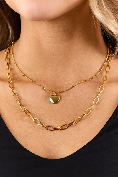 Gold Metallic Chain Heart Detail Necklace Set