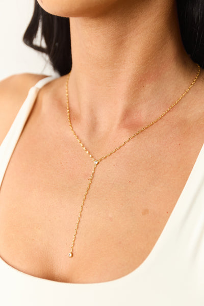 Gold Metallic Chain Link Rhinestone Lariat Necklace