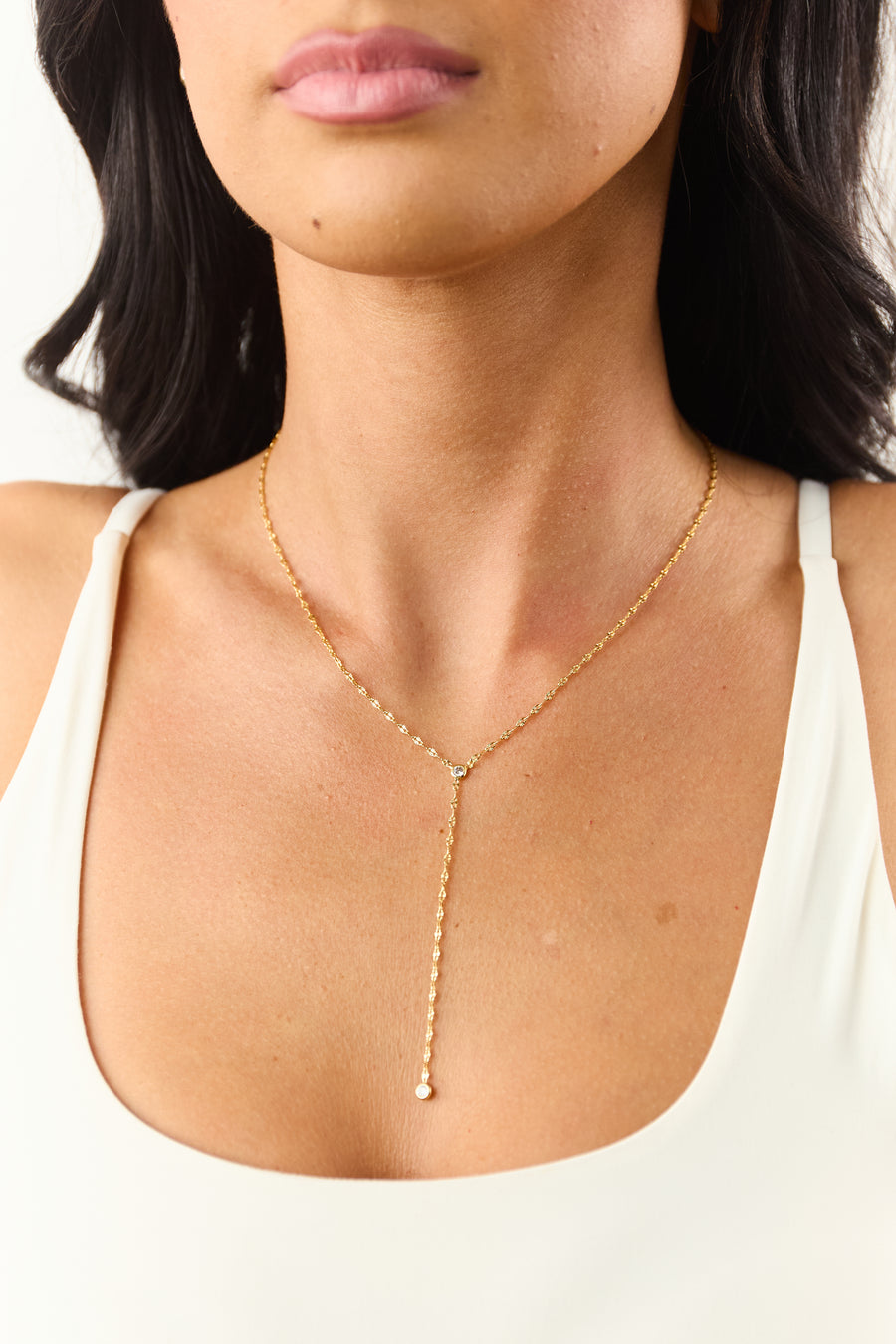 Gold Metallic Chain Link Rhinestone Lariat Necklace
