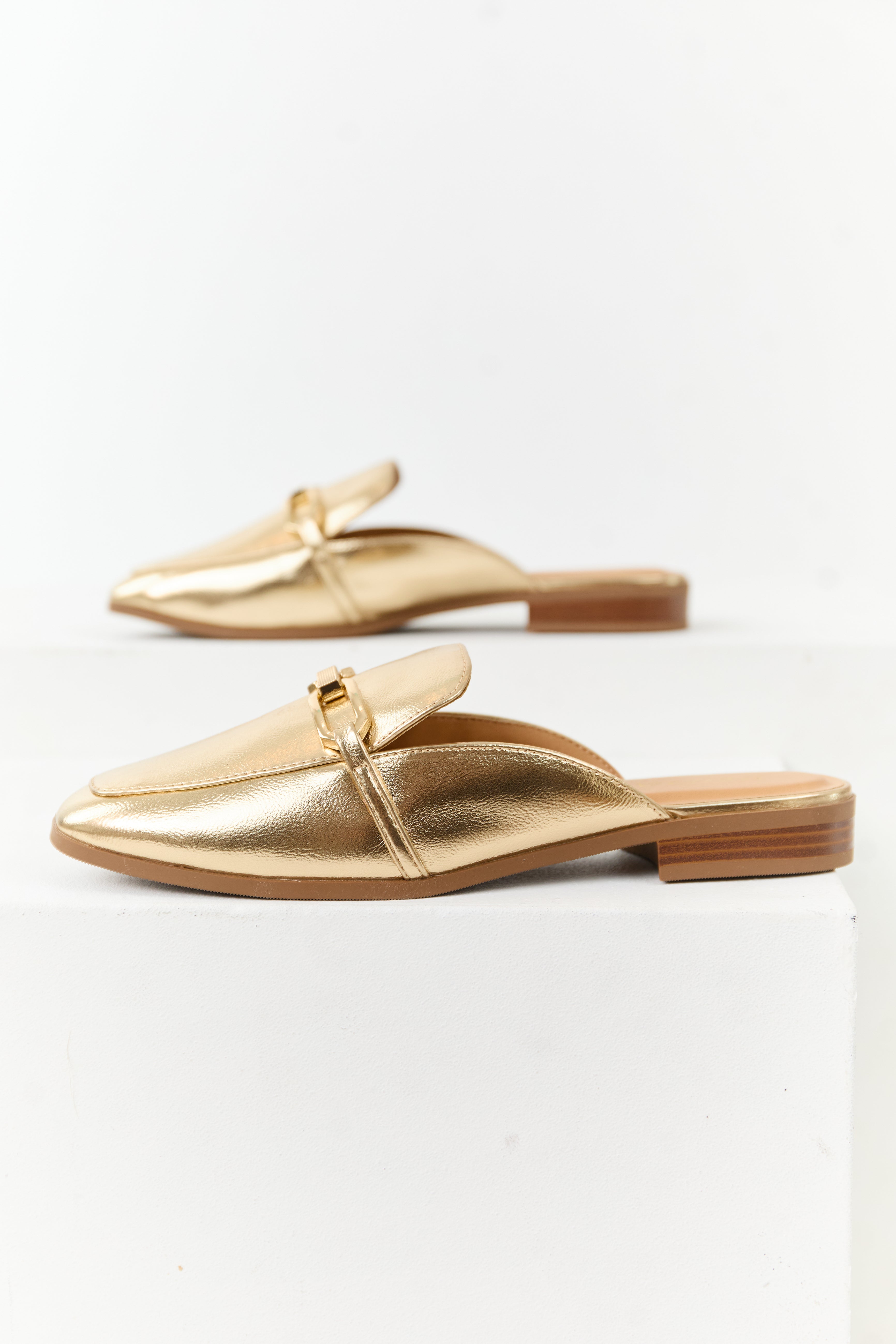 Gold Metallic Faux Leather Chain Link Mule Flats | Lime Lush Boutique