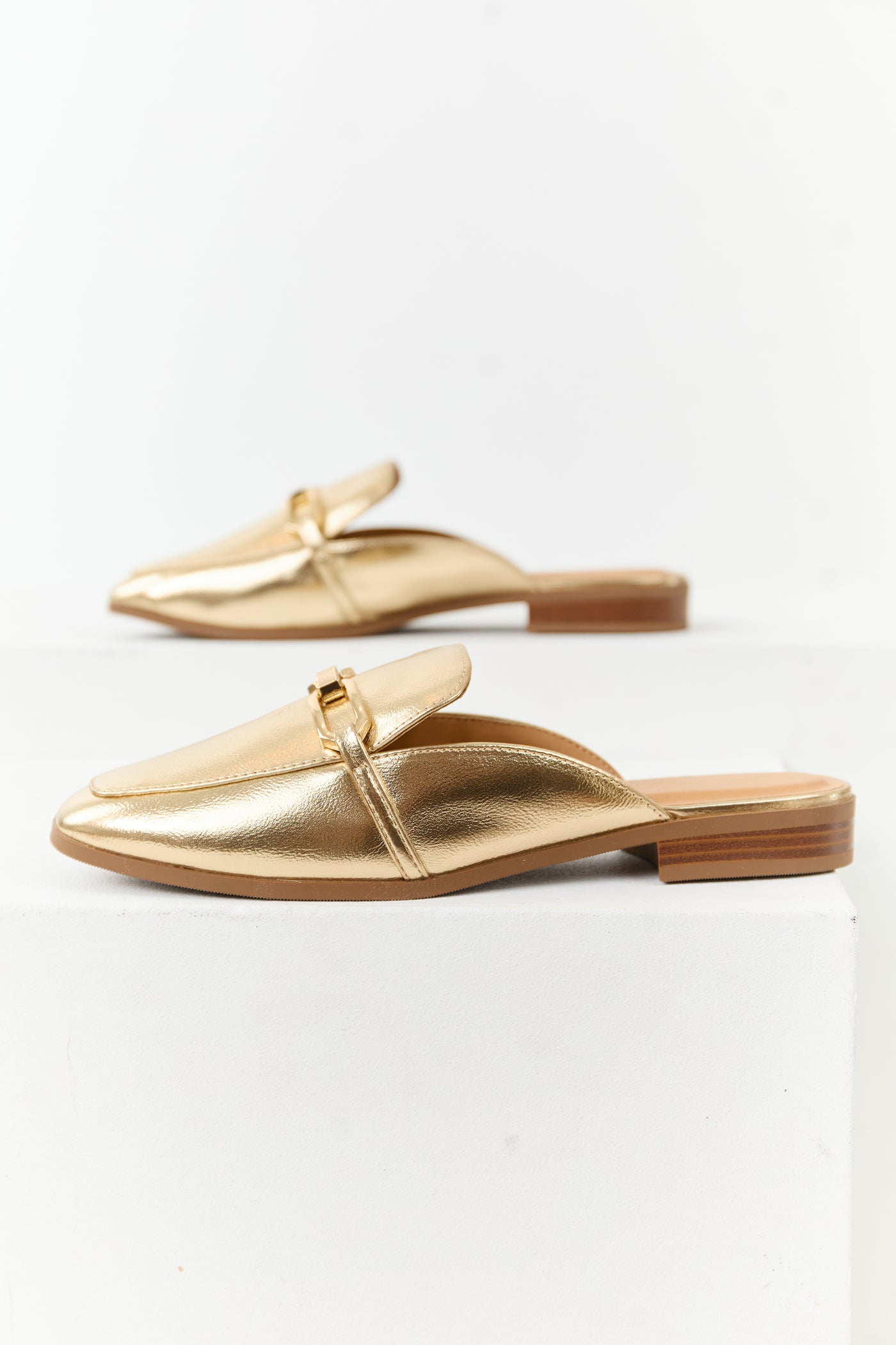 Gold Metallic Faux Leather Chain Link Mule Flats