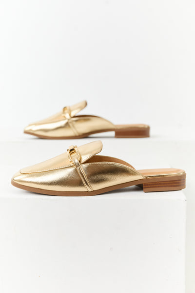 Gold Metallic Faux Leather Chain Link Mule Flats