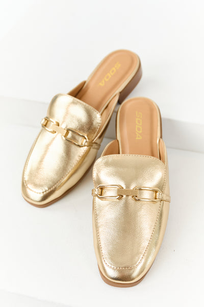 Gold Metallic Faux Leather Chain Link Mule Flats | Lime Lush Boutique