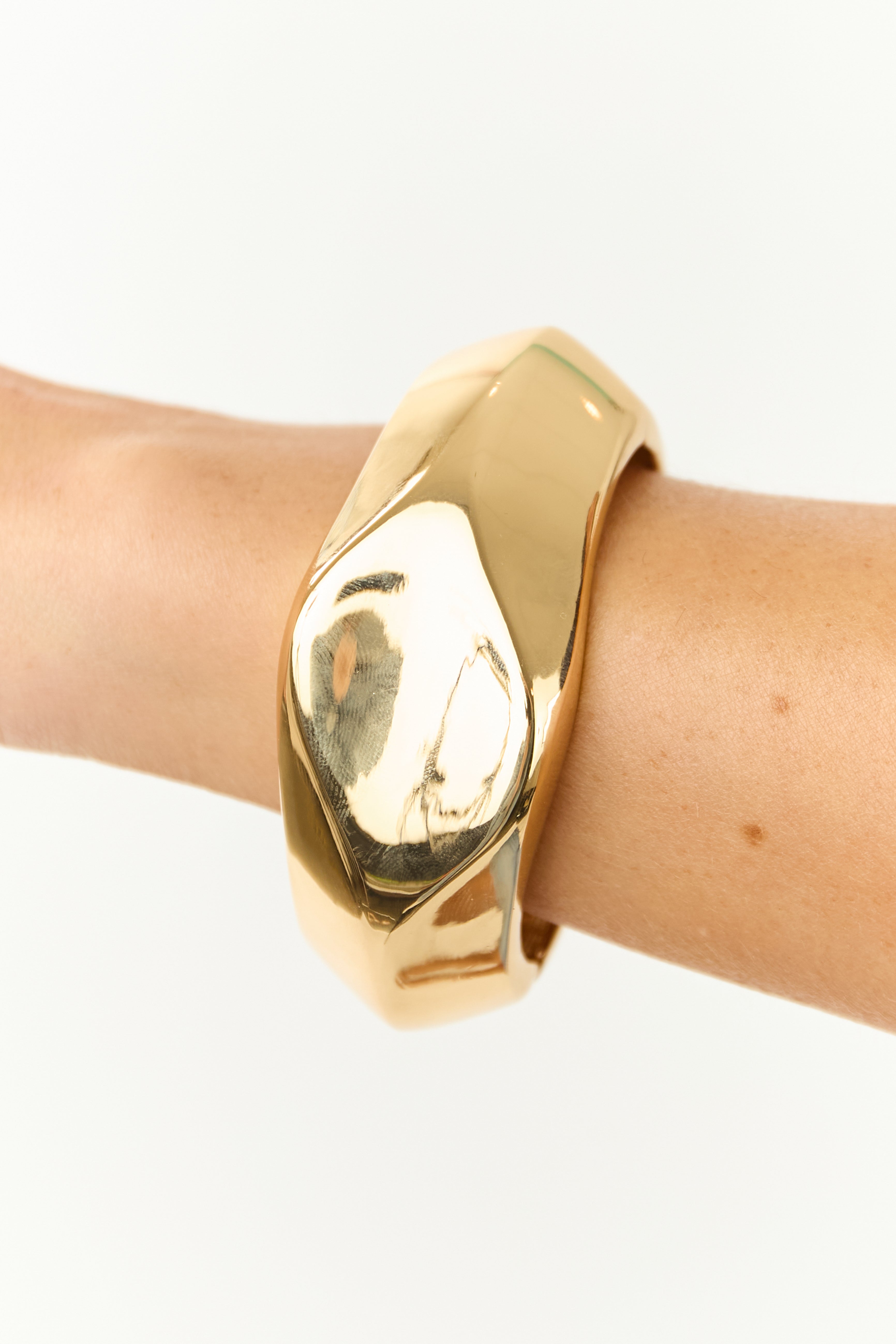 Gold Metallic Flat Sided Wide Bangle Bracelet