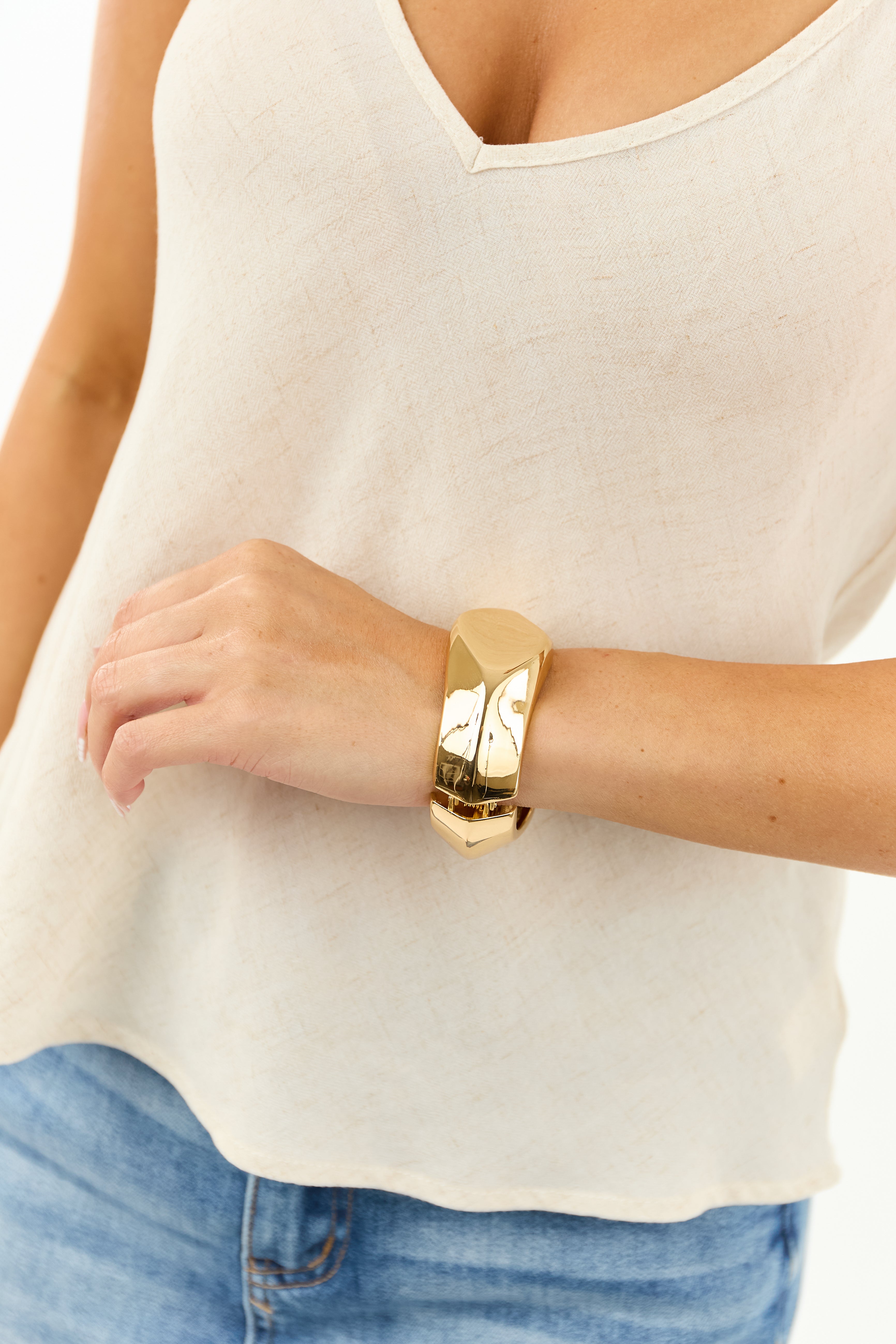 Gold Metallic Flat Sided Wide Bangle Bracelet