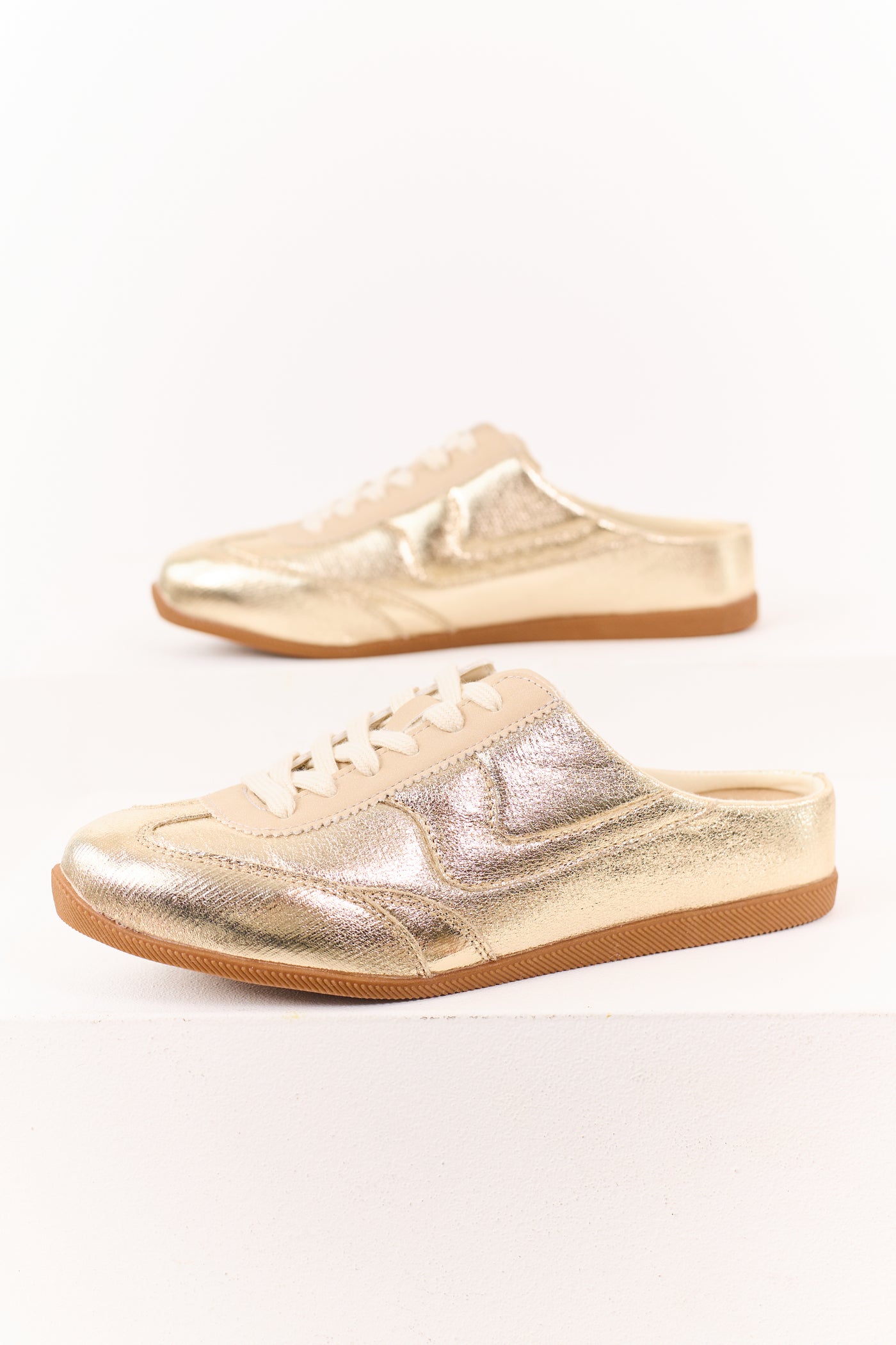 Gold Metallic Lace Up Slip On Mule Style Sneakers