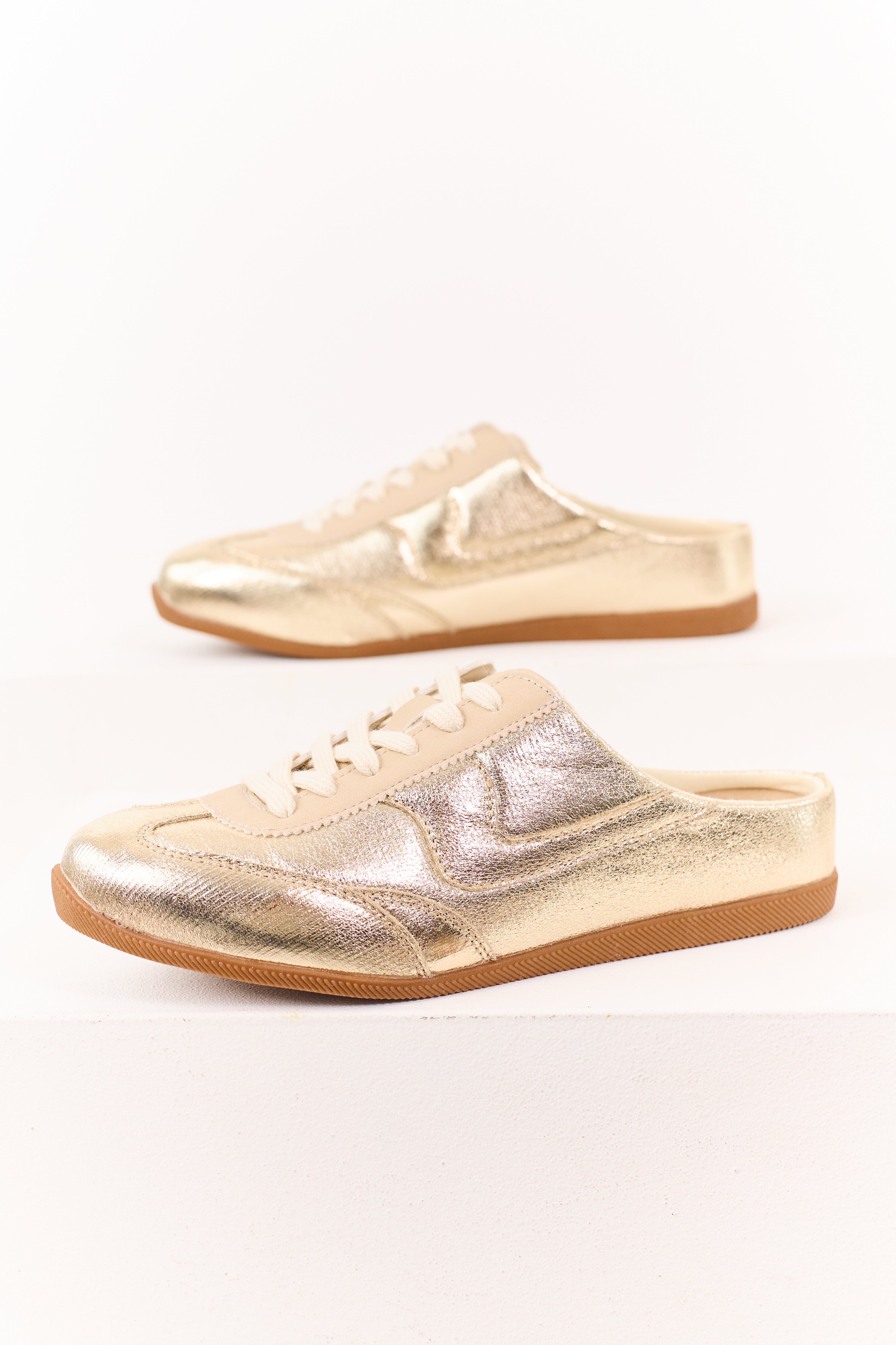 Gold Metallic Lace Up Slip On Mule Style Sneakers