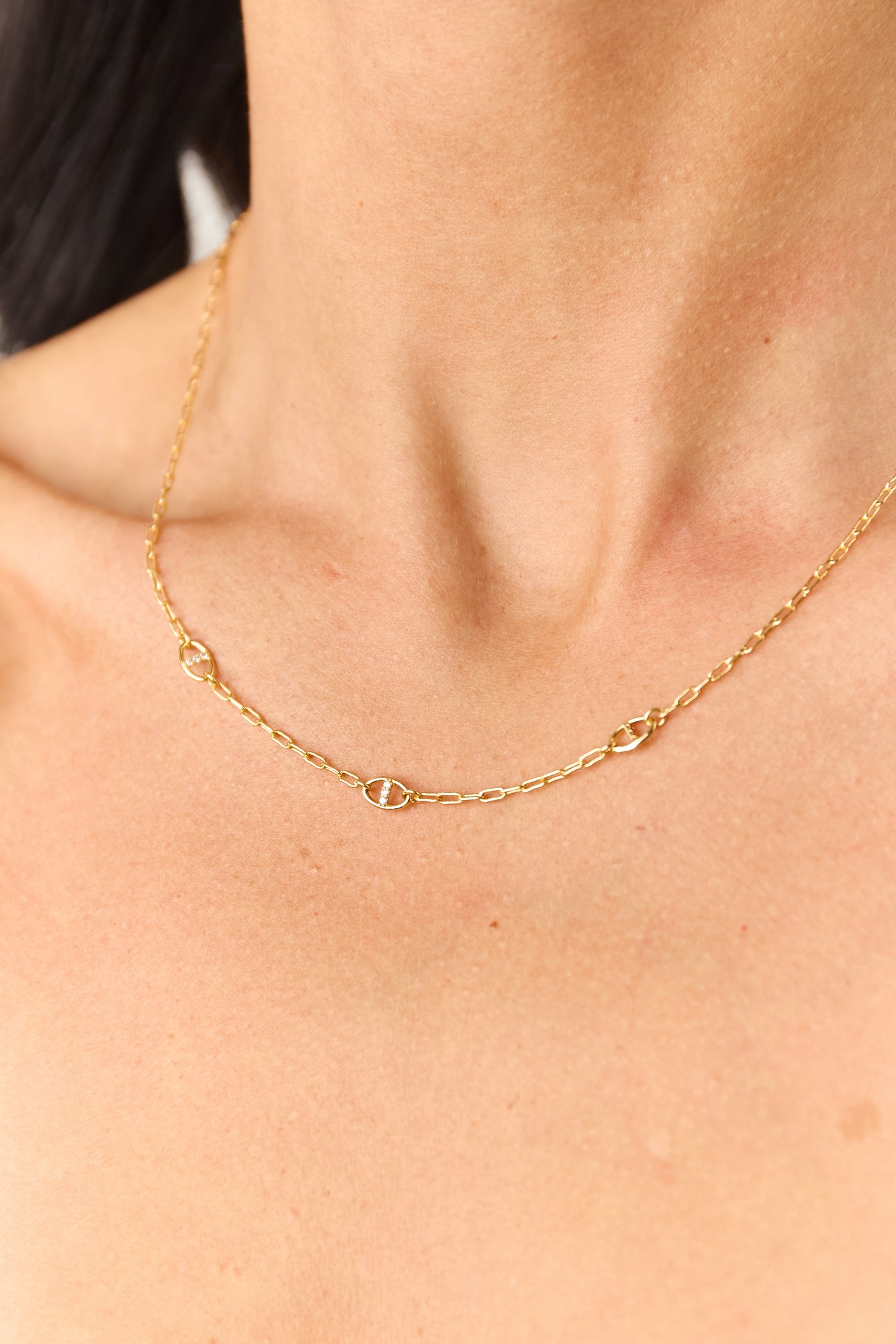 Gold Metallic Rhinestone Link Charm Necklace