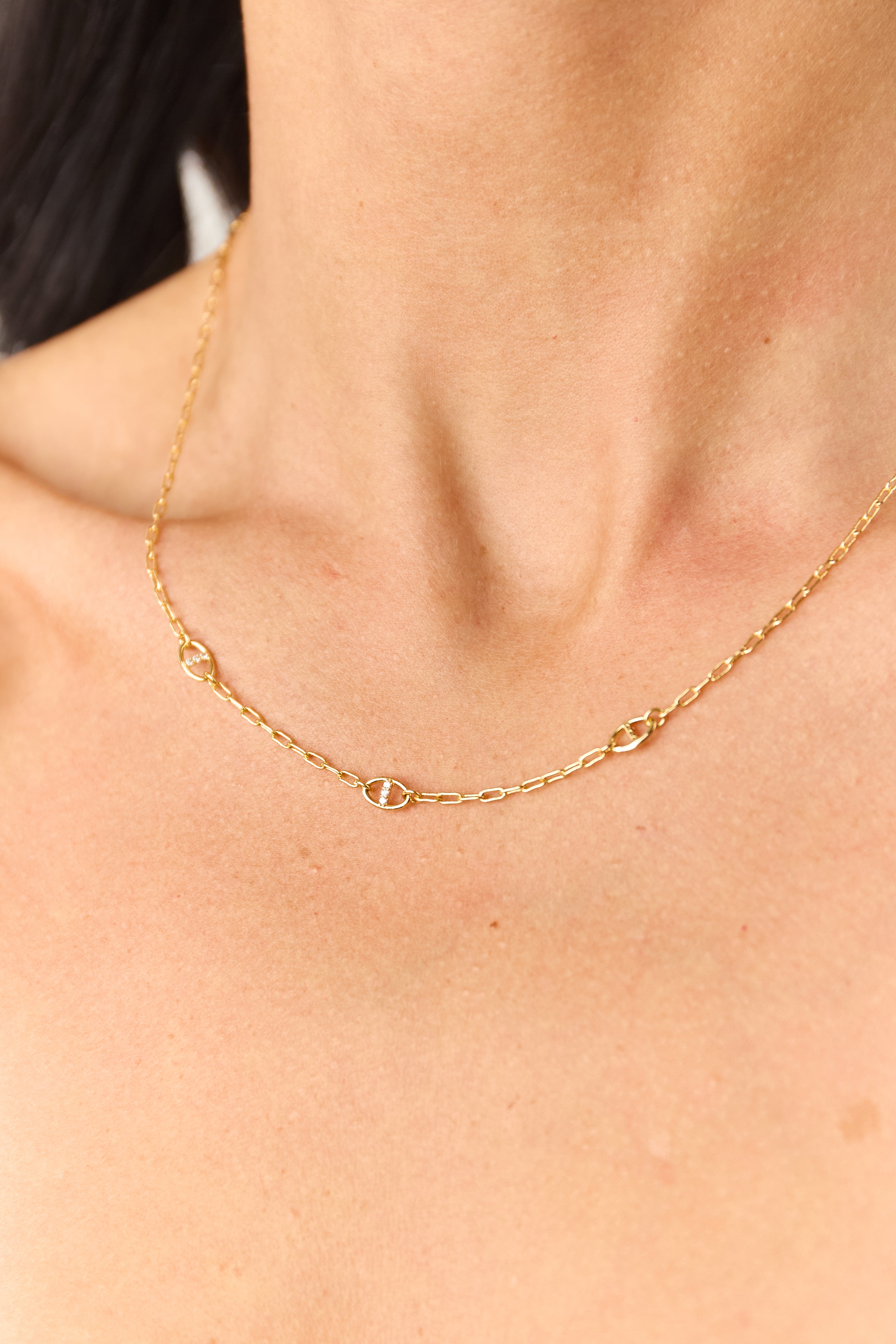 Gold Metallic Rhinestone Link Charm Necklace