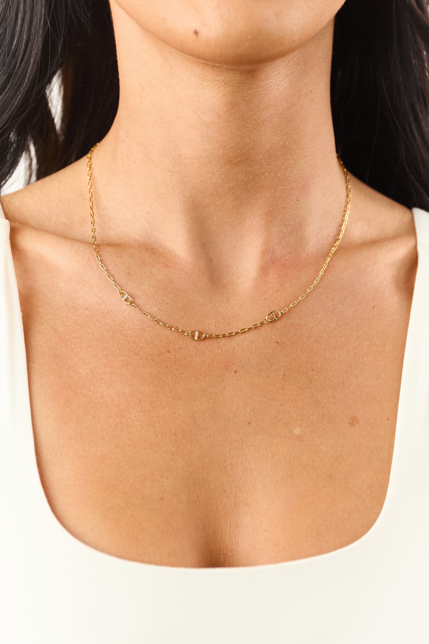 Gold Metallic Rhinestone Link Charm Necklace