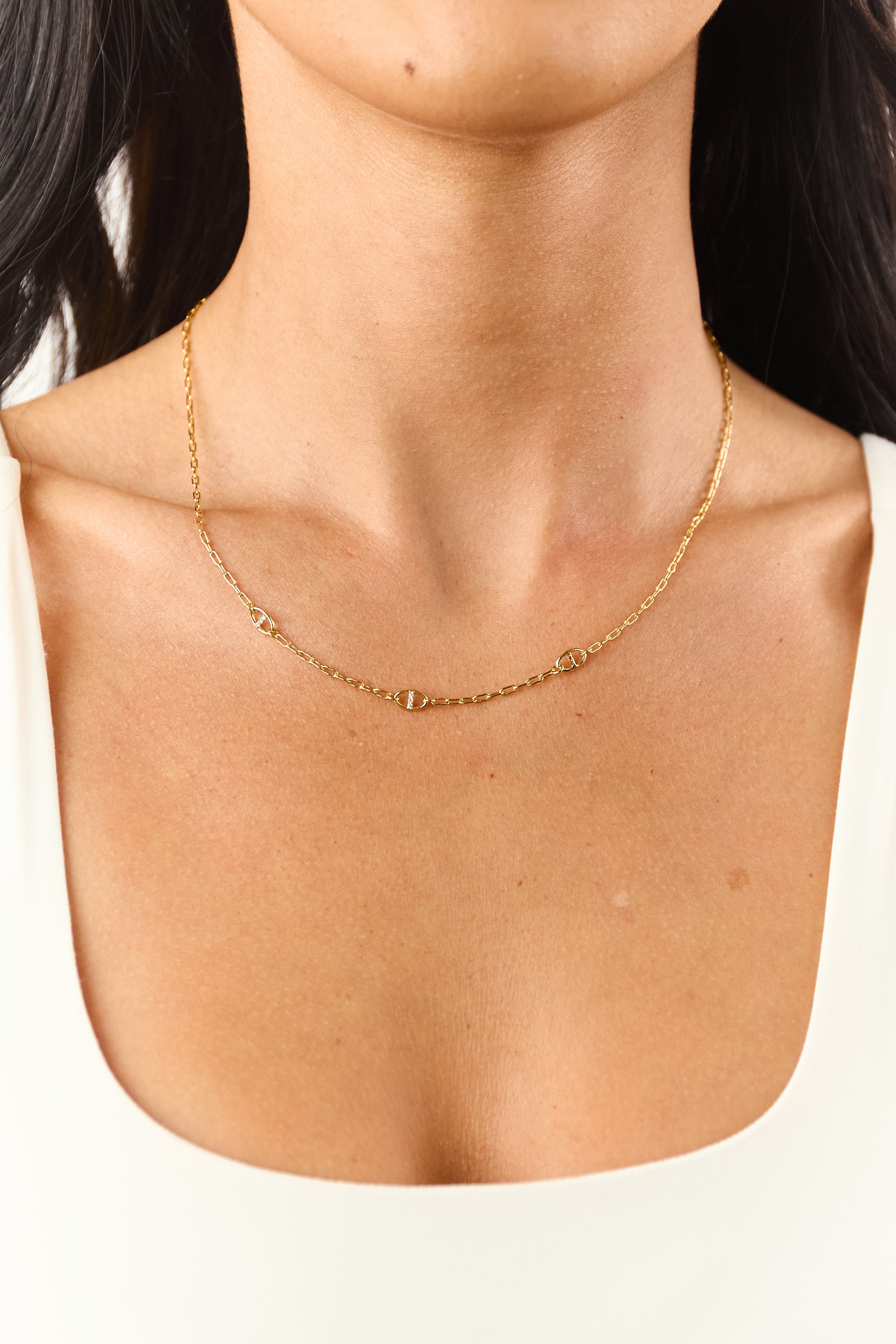 Gold Metallic Rhinestone Link Charm Necklace